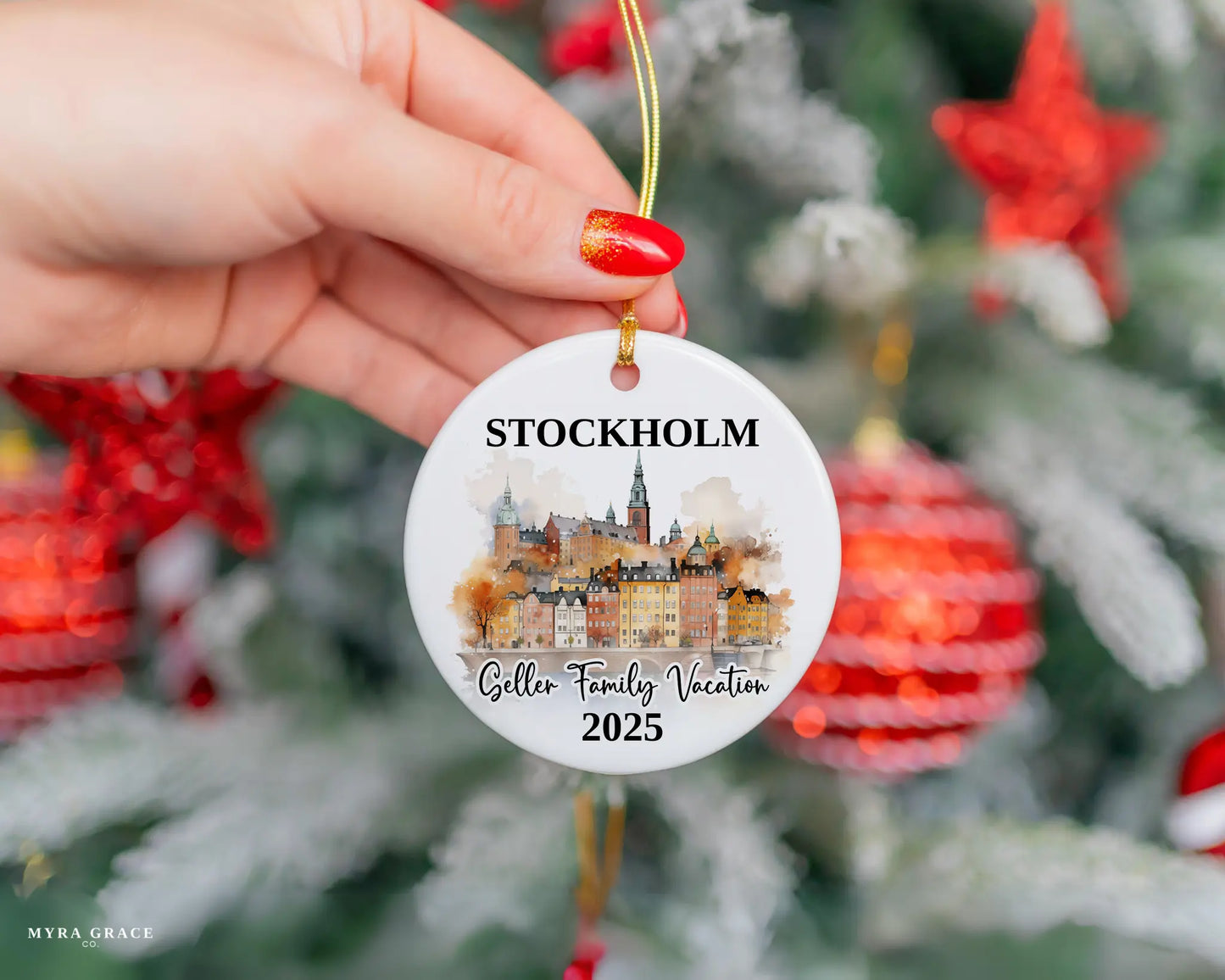 Custom vacation Stockholm ceramic photo ornament with personalized message – handmade Christmas bauble, gift souvenir, or vacation keepsake.