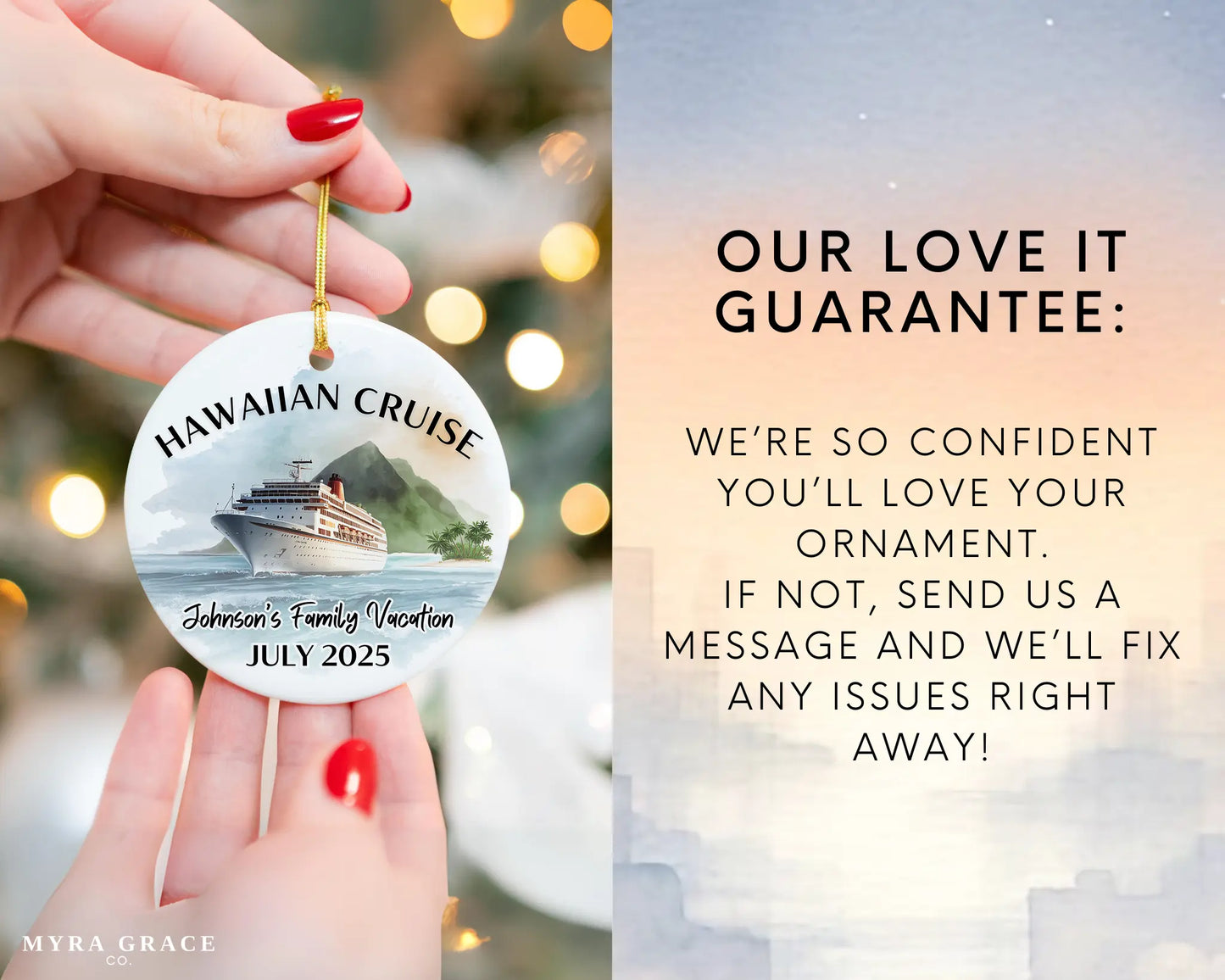 Handmade ceramic Hawaii cruise ornament with personalized location and photo – custom Christmas bauble or cruise vacation souvenir. Love it guarantee