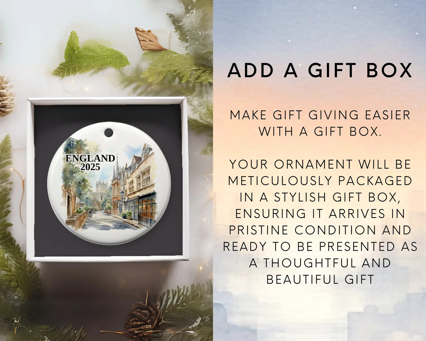 Custom England Oxford ceramic photo ornament with personalized message – handmade Christmas bauble, gift souvenir, or vacation keepsake. Add gift box