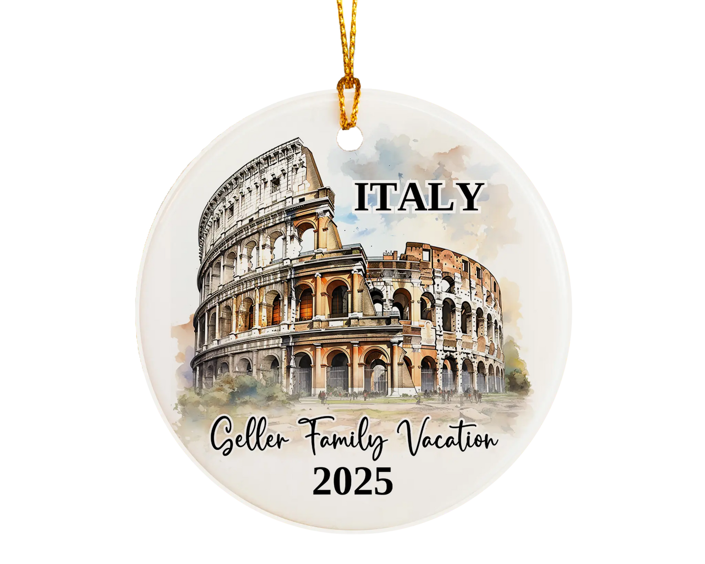 Custom vacation Italy Colosseum ceramic photo ornament with personalized message – handmade Christmas bauble, gift souvenir, or vacation keepsake.