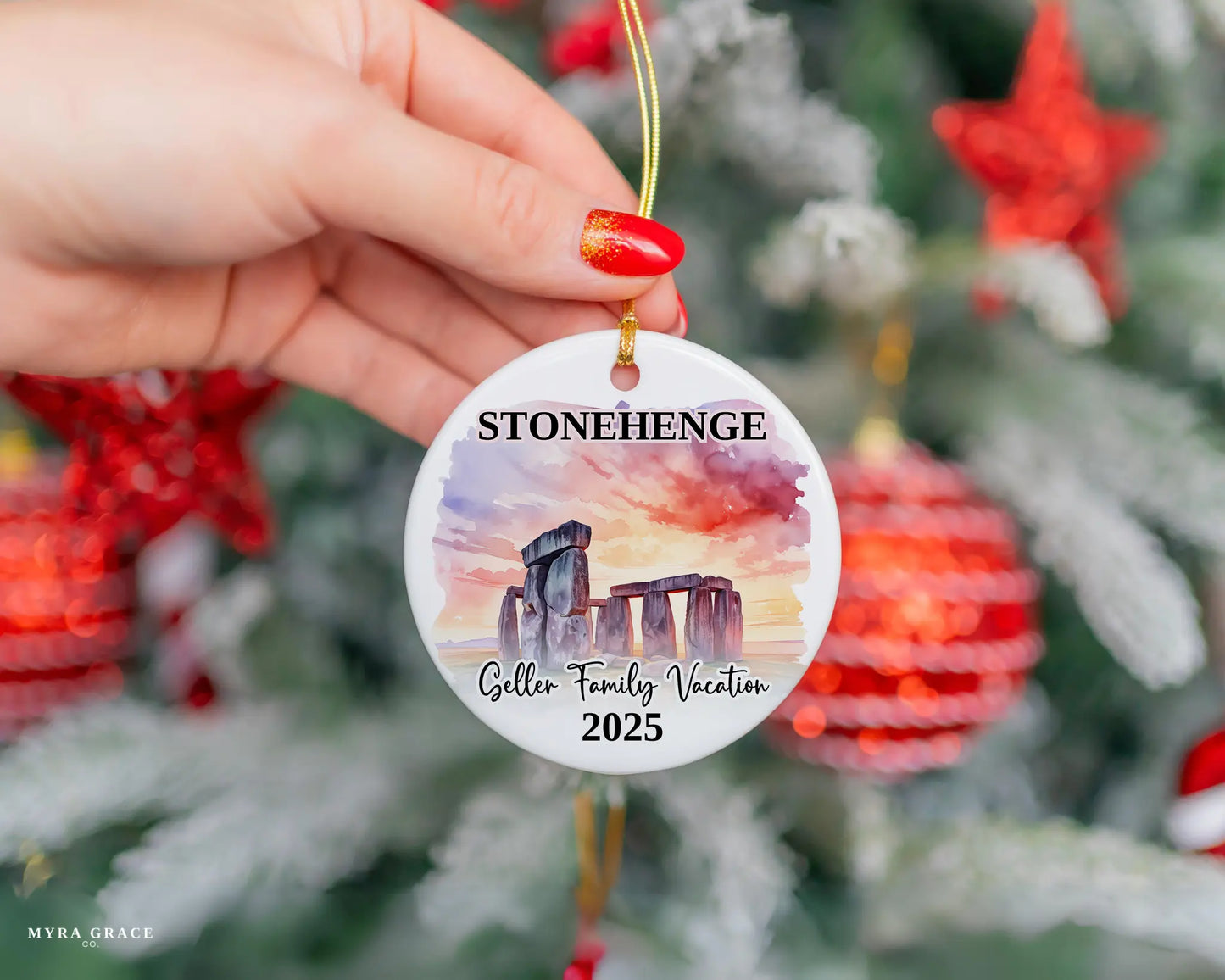 Custom vacation Stonehenge ceramic photo ornament with personalized message – handmade Christmas bauble, gift souvenir, or vacation keepsake.