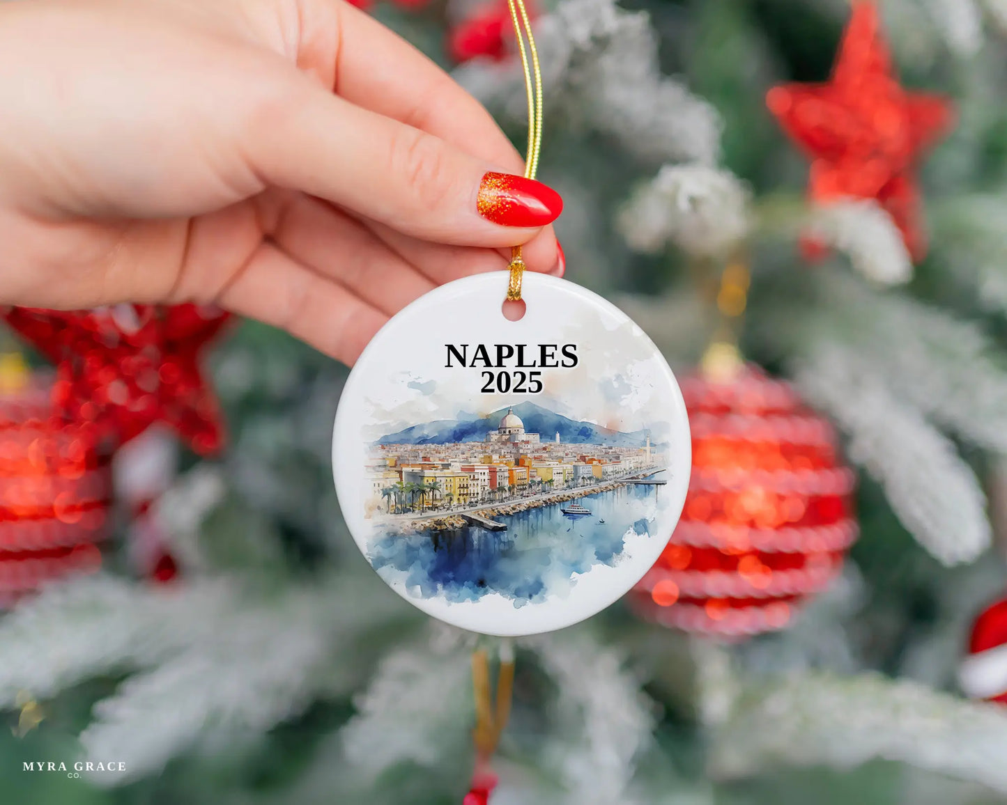 Custom Naples Italy ceramic photo ornament with personalized message – handmade Christmas bauble, gift souvenir, or vacation keepsake.