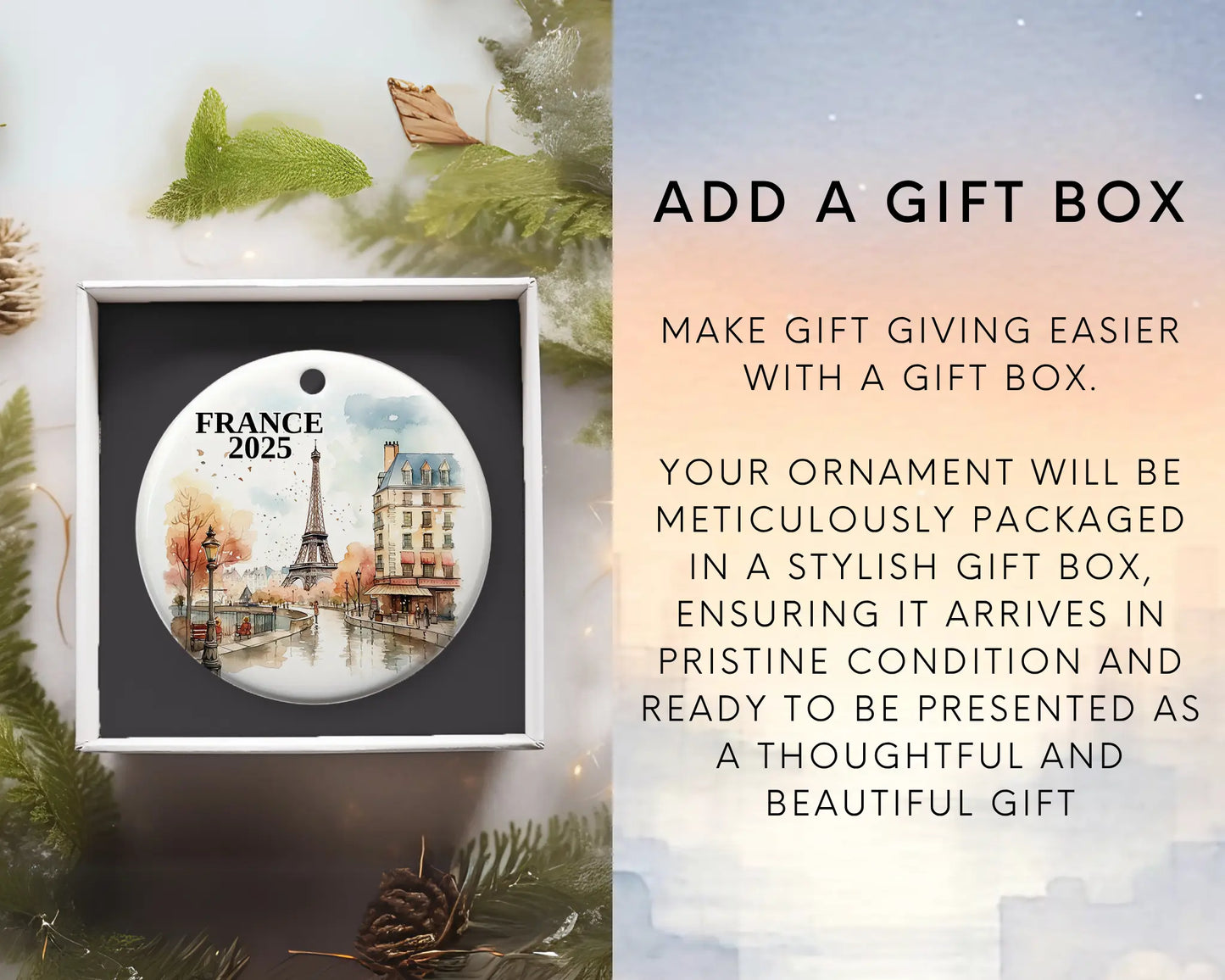 Custom France, Paris in Autumn ceramic photo ornament with personalized message – handmade Christmas bauble, gift souvenir, or vacation keepsake. add gift box