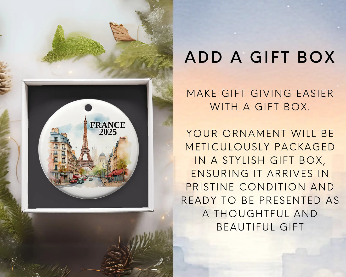 Custom France, Paris in Summer, ceramic photo ornament with personalized message – handmade Christmas bauble, gift souvenir, or vacation keepsake. add gift box
