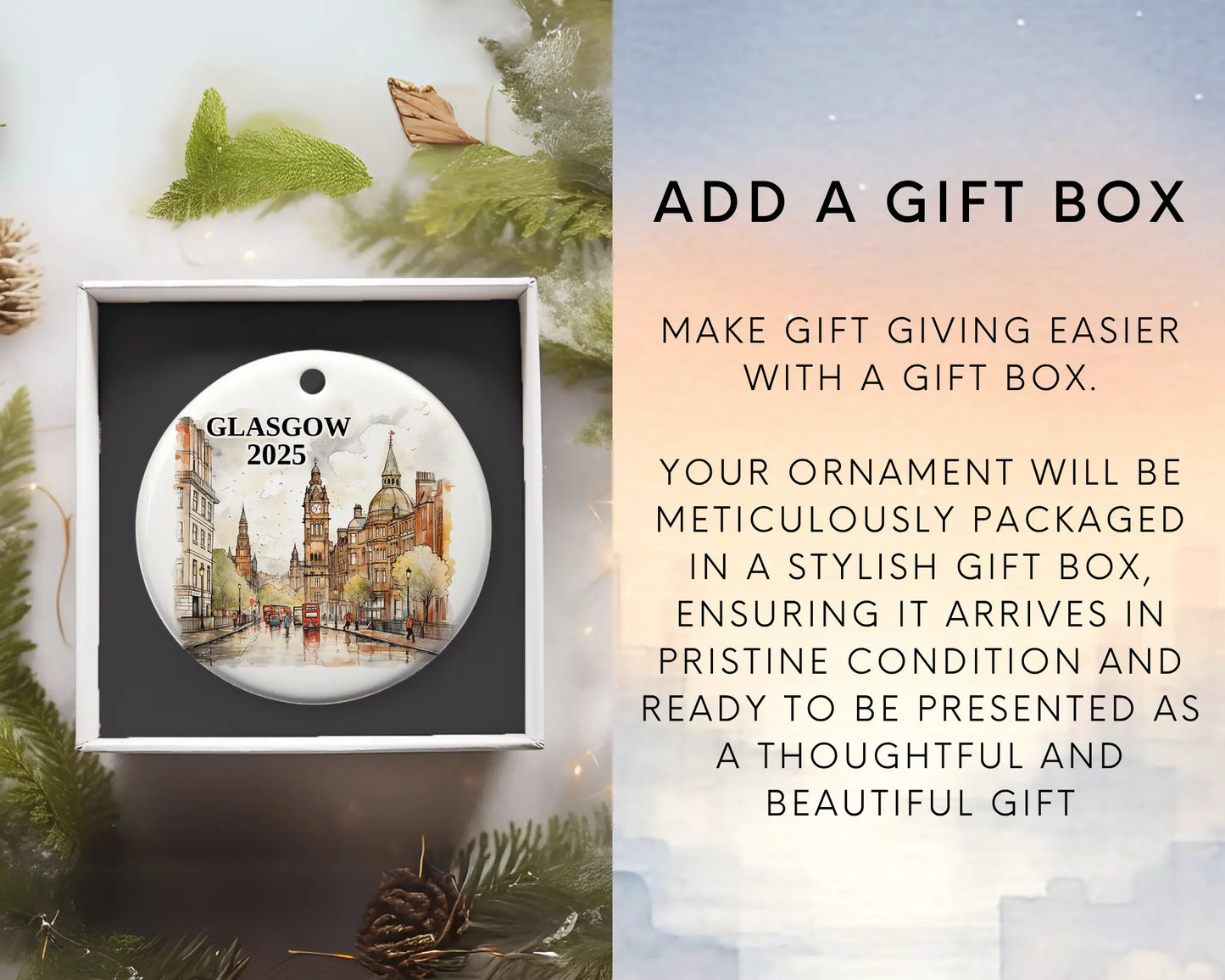 Custom Glasgow Scotland ceramic photo ornament with personalized message – handmade Christmas bauble, gift souvenir, or vacation keepsake. add gift box