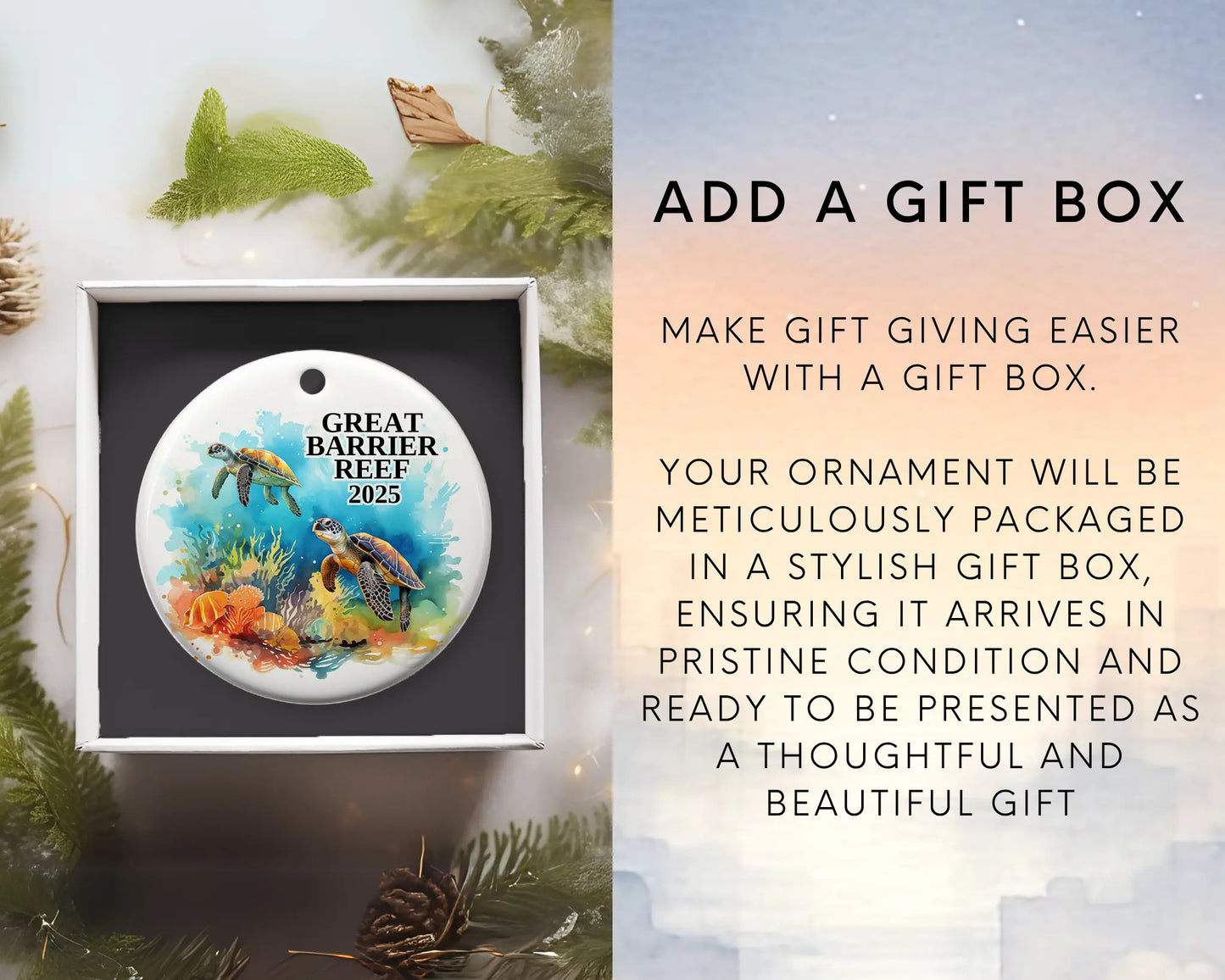 Custom Great Barrier Reef ceramic photo ornament with personalized message – handmade Christmas bauble, gift souvenir, or vacation keepsake. add gift box