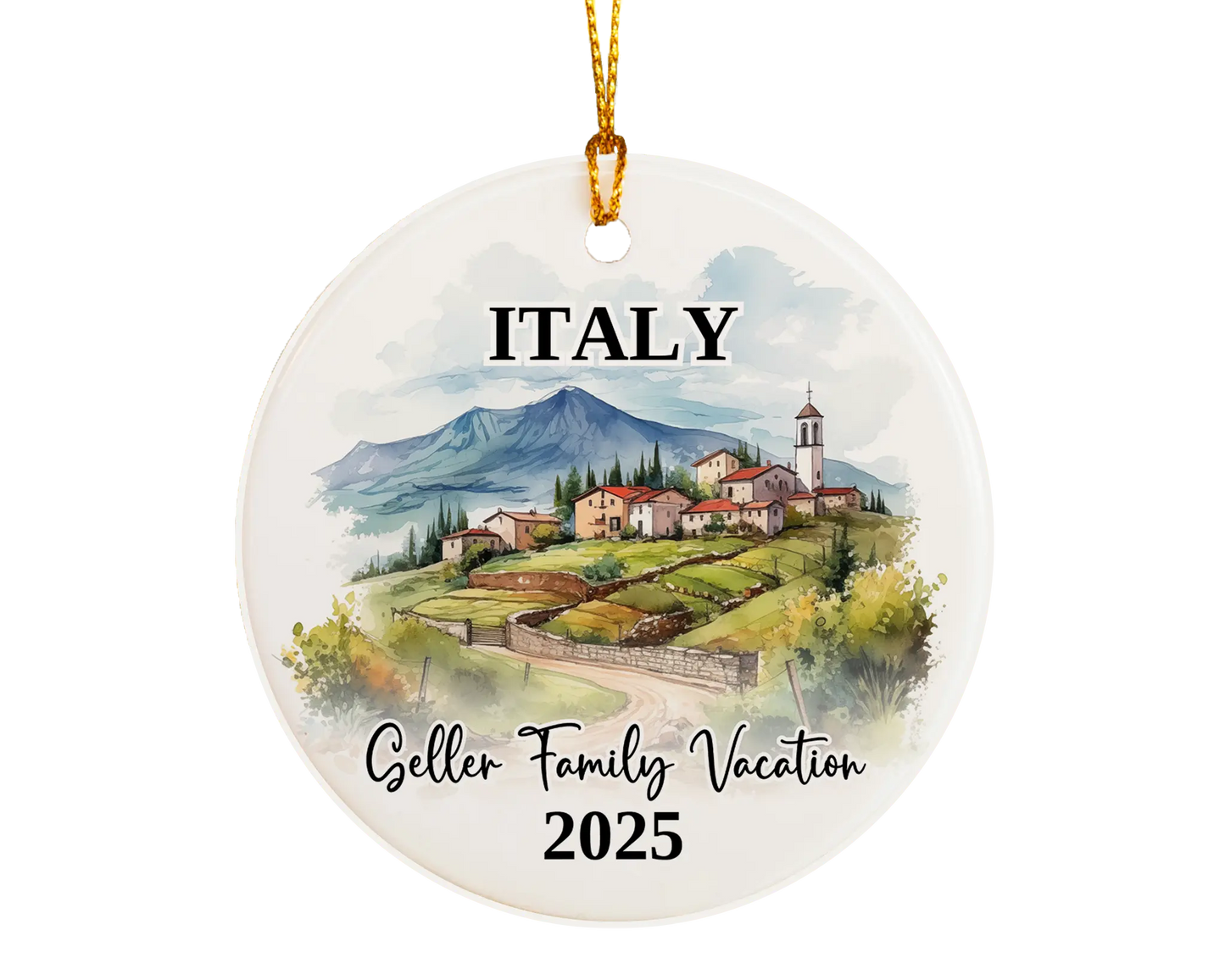 Custom vacation Italy ceramic photo ornament with personalized message – handmade Christmas bauble, gift souvenir, or vacation keepsake.
