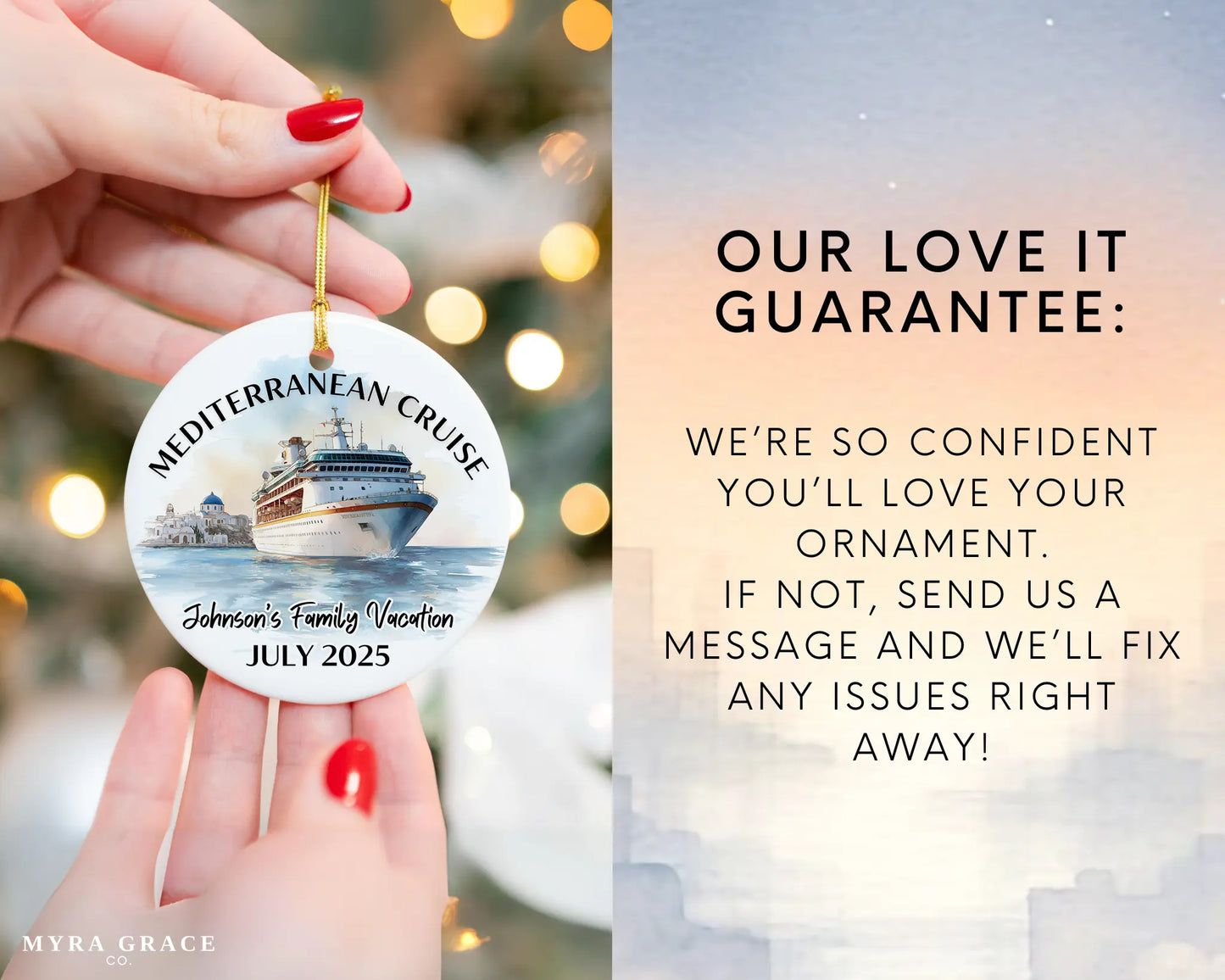 Handmade ceramic Mediterranean cruise ornament with personalized location and photo – custom Christmas bauble or cruise vacation souvenir. Love it guarantee