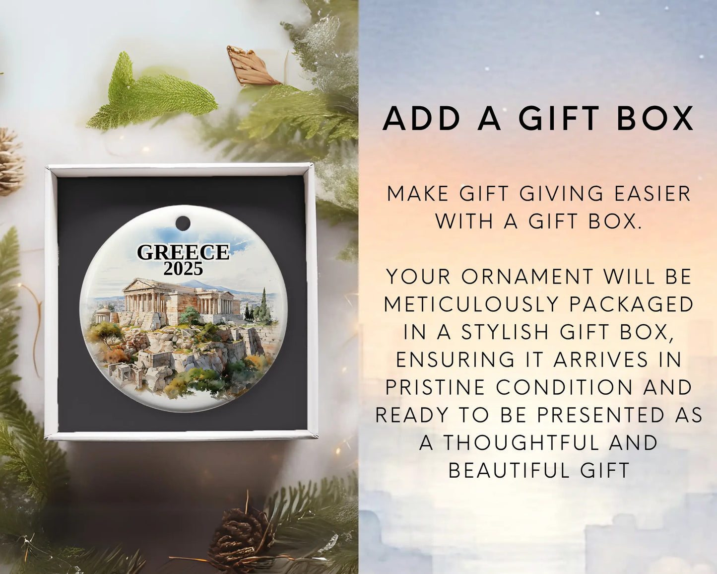 Custom Athens Greece ceramic photo ornament with personalized message – handmade Christmas bauble, gift souvenir, or vacation keepsake. Add gift box