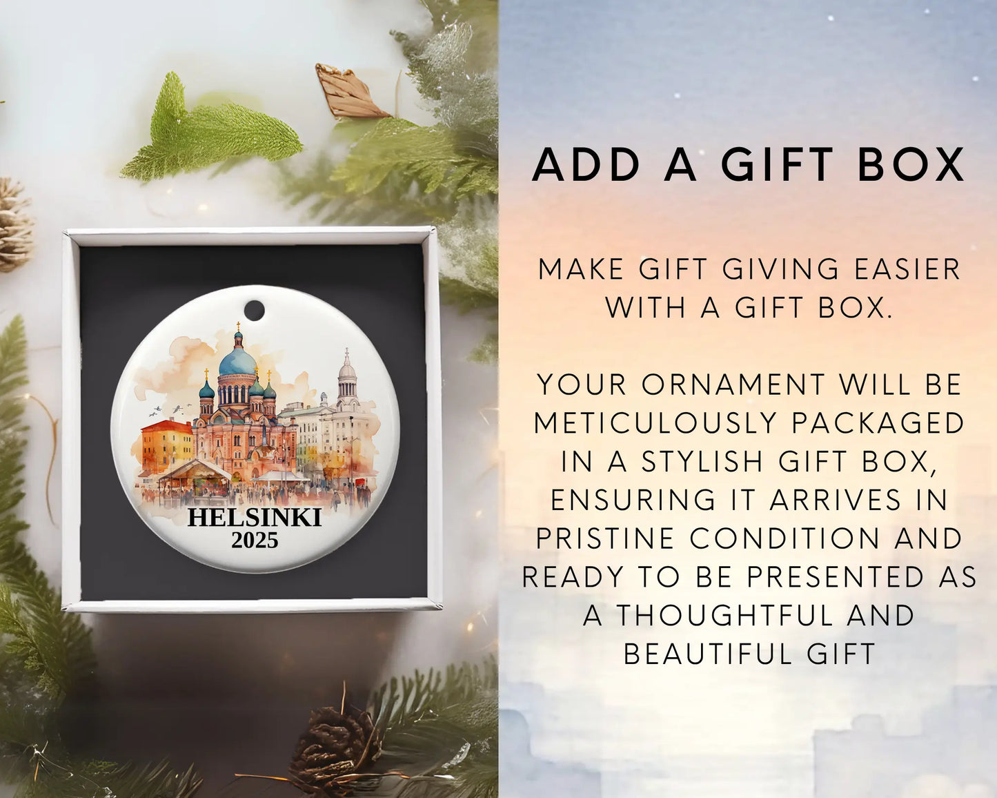 Custom Helsinki Finland ceramic photo ornament with personalized message – handmade Christmas bauble, gift souvenir, or vacation keepsake. add gift box