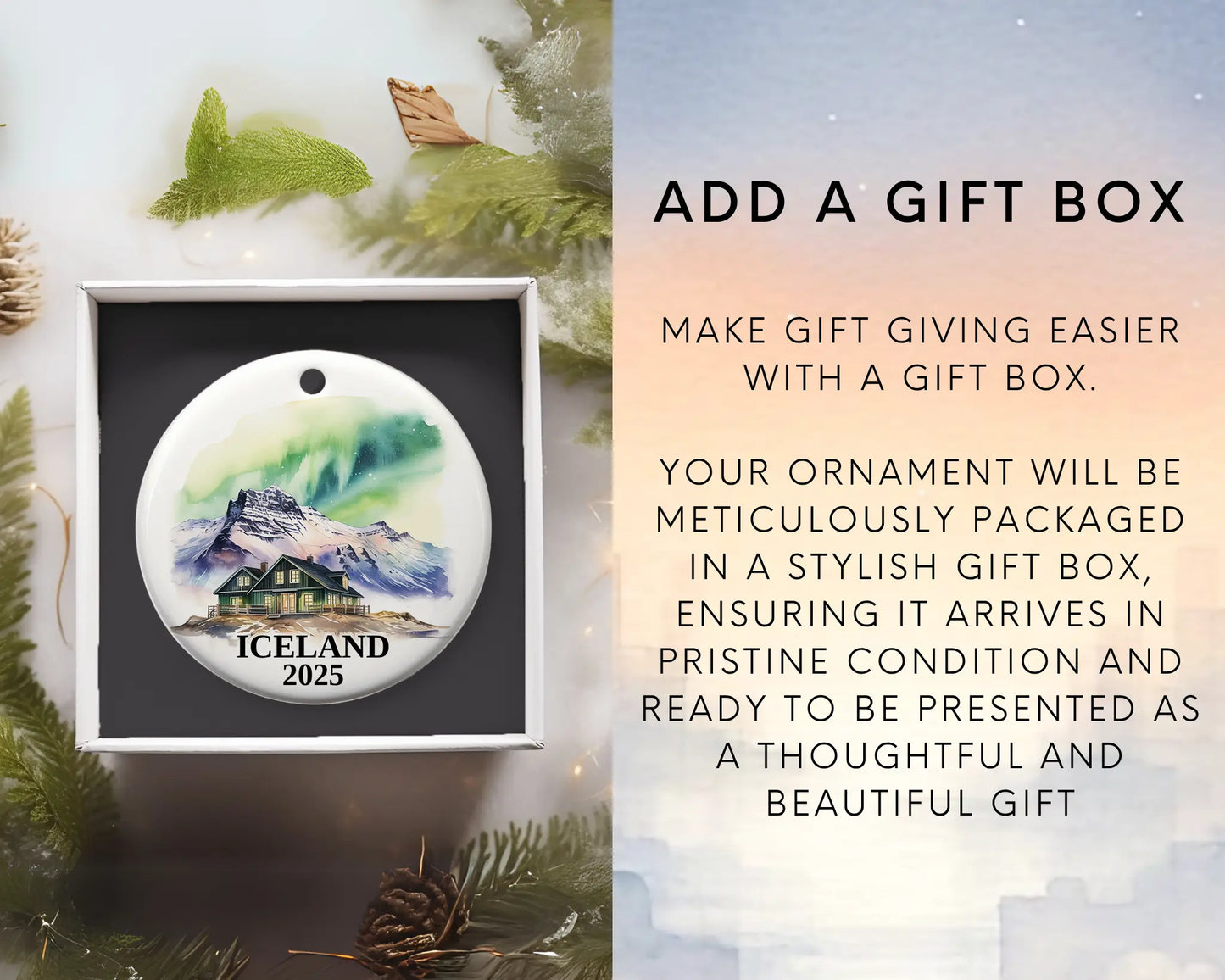 Custom Iceland ceramic photo ornament with personalized message – handmade Christmas bauble, gift souvenir, or vacation keepsake. add gift box