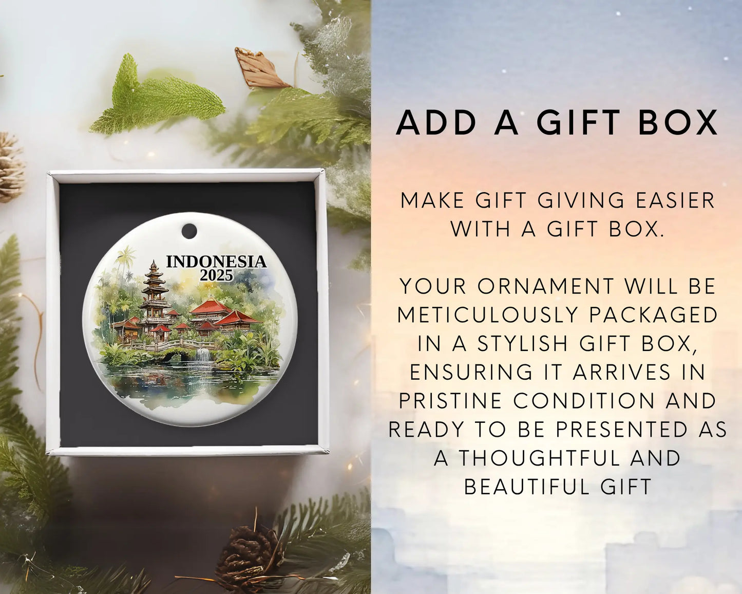 Custom Indonesia ceramic photo ornament with personalized message – handmade Christmas bauble, gift souvenir, or vacation keepsake. add gift box