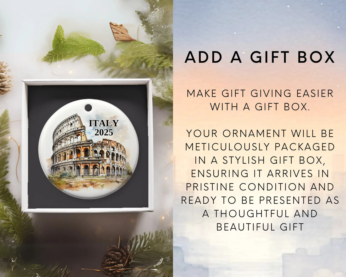 Custom Italy Rome Colosseum ceramic photo ornament with personalized message – handmade Christmas bauble, gift souvenir, or vacation keepsake. add gift box