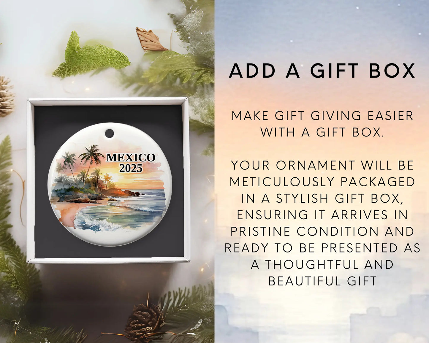 Custom Mexico ceramic photo ornament with personalized message – handmade Christmas bauble, gift souvenir, or vacation keepsake. Add gift box