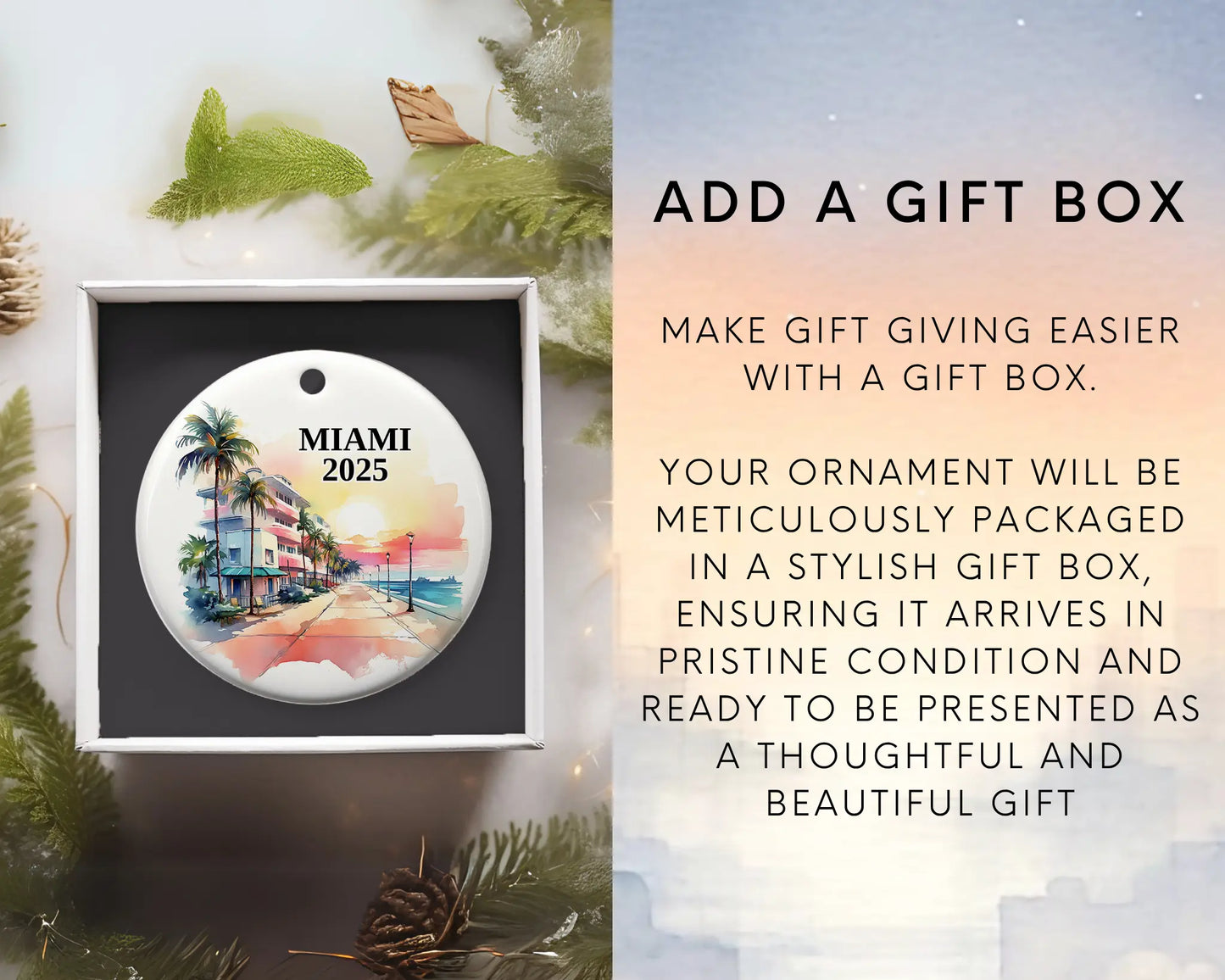 Custom Miami Florida ceramic photo ornament with personalized message – handmade Christmas bauble, gift souvenir, or vacation keepsake. Add gift box