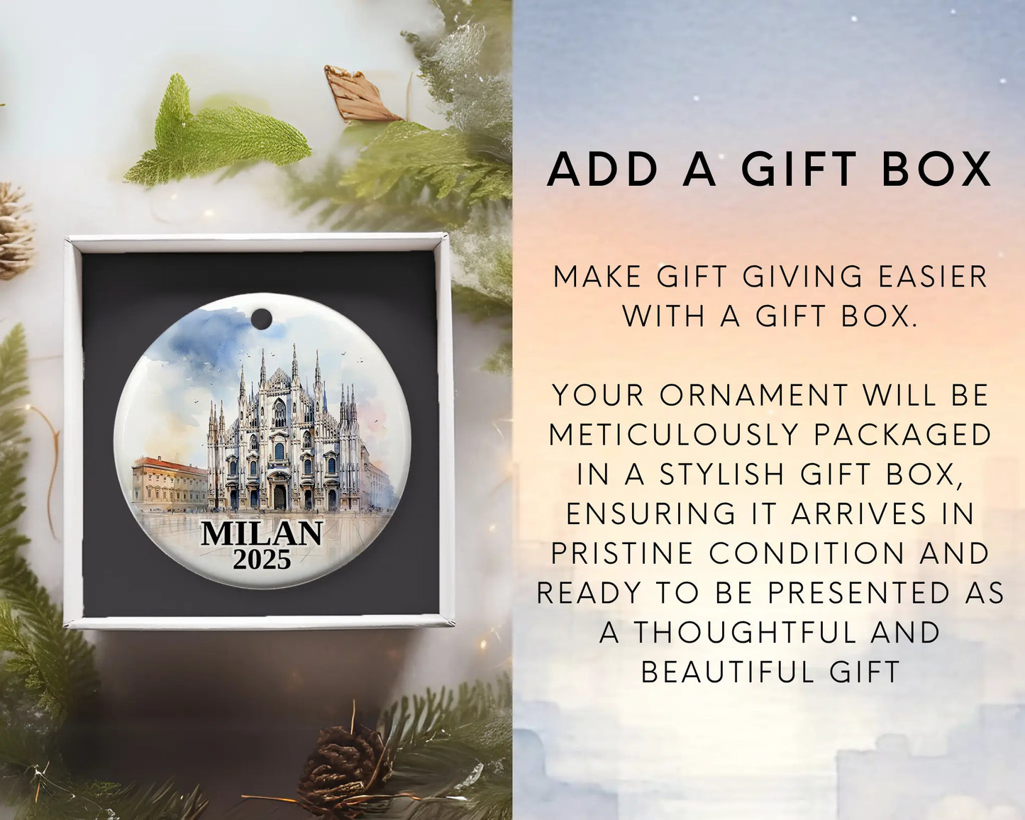 Custom Milan Italy ceramic photo ornament with personalized message – handmade Christmas bauble, gift souvenir, or vacation keepsake. Add gift box
