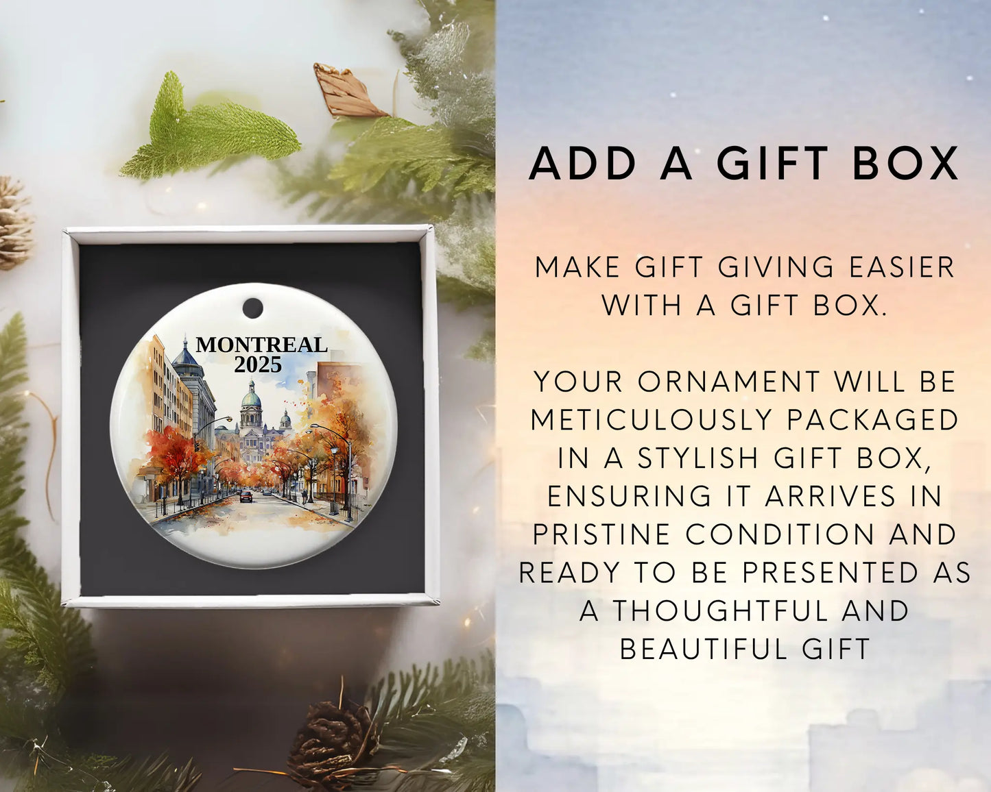 Custom Montreal Quebec ceramic photo ornament with personalized message – handmade Christmas bauble, gift souvenir, or vacation keepsake. Add a gift box