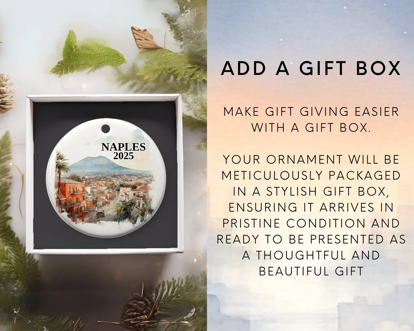 Custom Naples Italy ceramic photo ornament with personalized message – handmade Christmas bauble, gift souvenir, or vacation keepsake. Add gift box