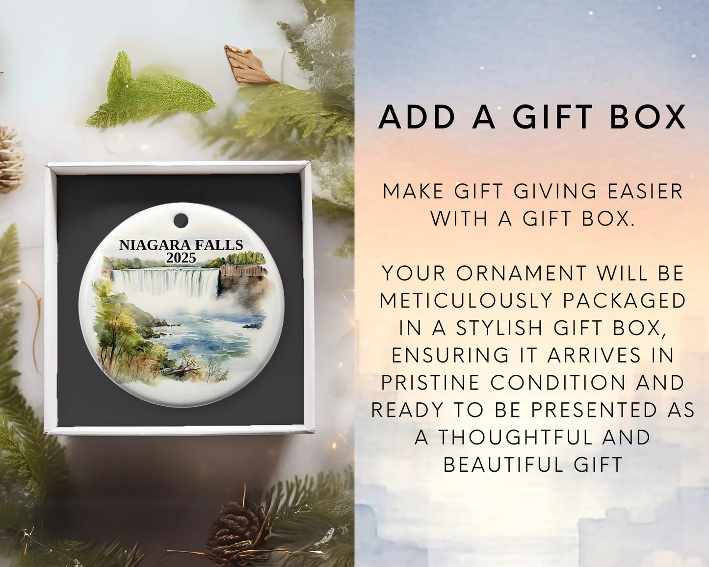 Custom Niagara Falls ceramic photo ornament with personalized message – handmade Christmas bauble, gift souvenir, or vacation keepsake. Add Gift box