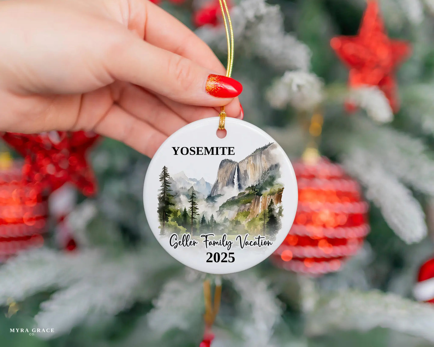 Custom vacation Yosemite ceramic photo ornament with personalized message – handmade Christmas bauble, gift souvenir, or vacation keepsake.