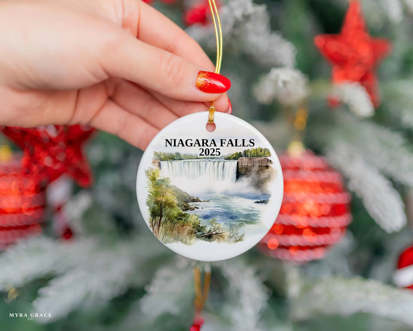 Custom Niagara Falls ceramic photo ornament with personalized message – handmade Christmas bauble, gift souvenir, or vacation keepsake.