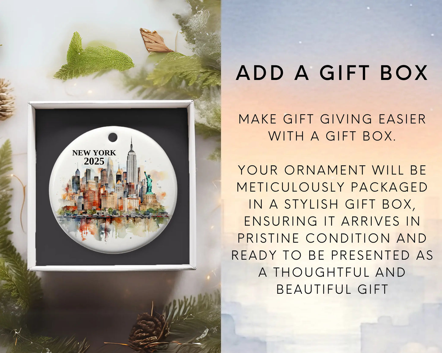 Custom New York NYC ceramic photo ornament with personalized message – handmade Christmas bauble, gift souvenir, or vacation keepsake. Add gift box