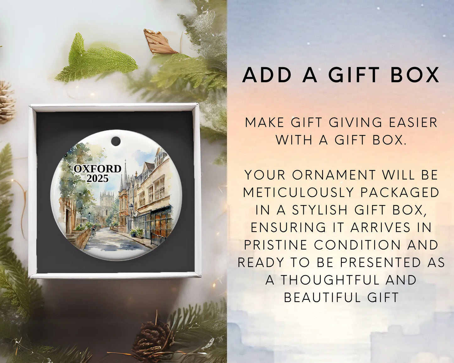 Custom Oxford England ceramic photo ornament with personalized message – handmade Christmas bauble, gift souvenir, or vacation keepsake. Add gift box