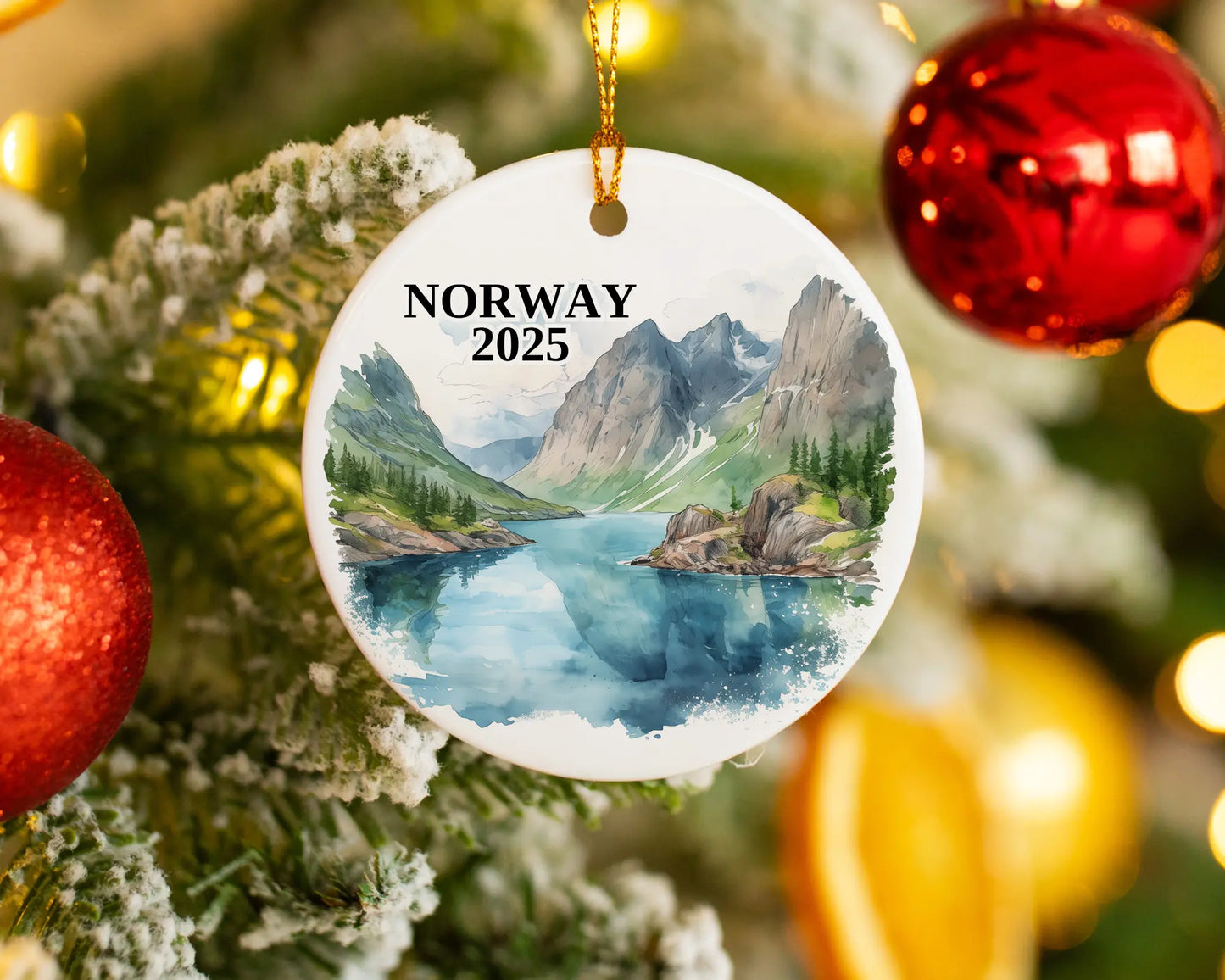 Custom Norway ceramic photo ornament with personalized message – handmade Christmas bauble, gift souvenir, or vacation keepsake.