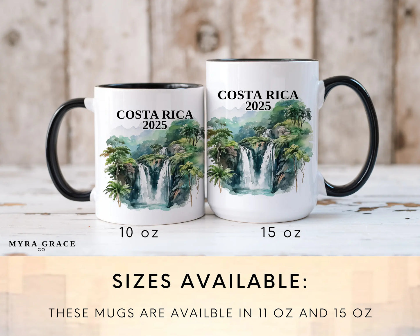 Custom ceramic Costa Rica vacation mug with watercolor location design, date, and personal photo – personalized travel gift or photo mug. Sizes available