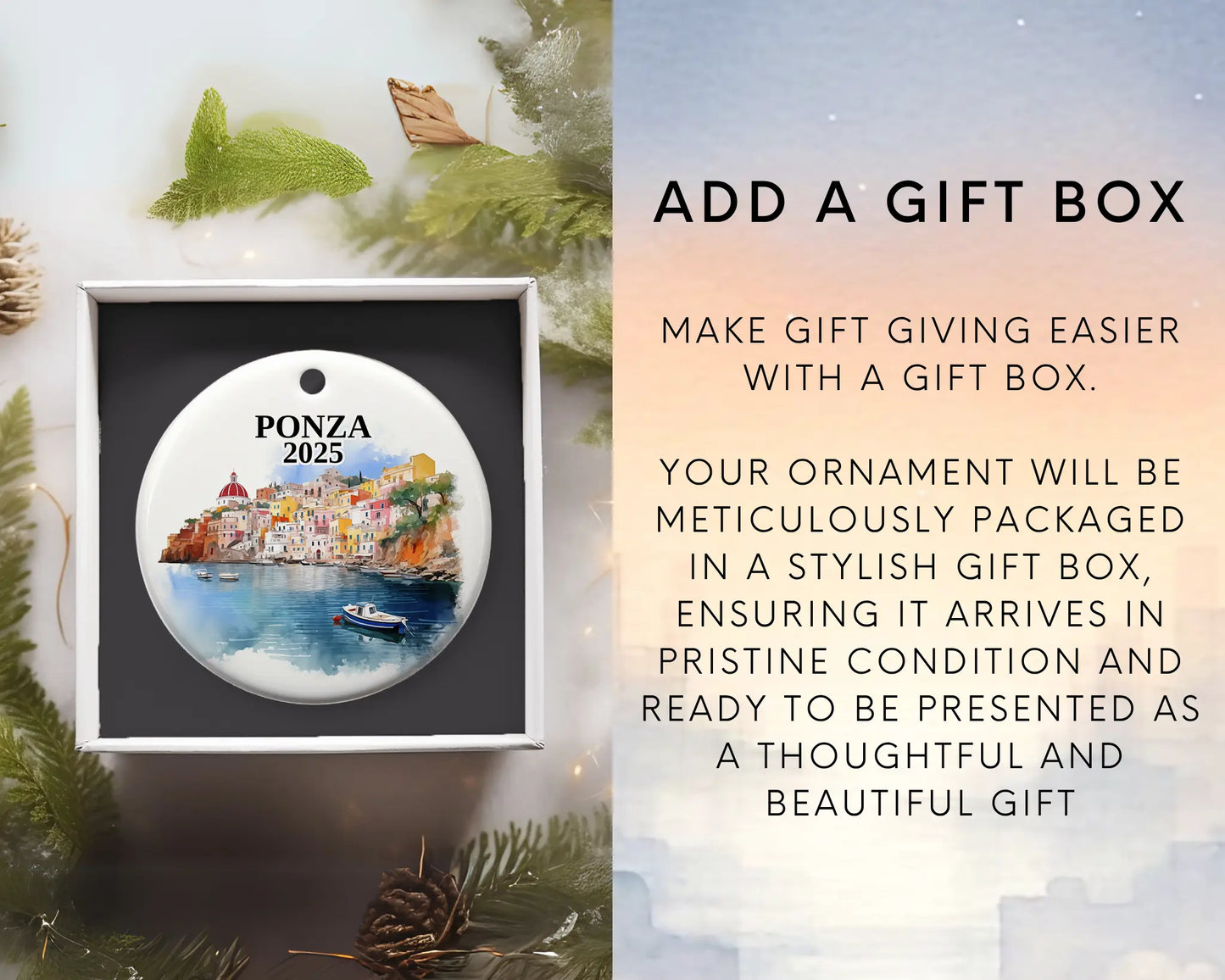Custom Ponza Italy ceramic photo ornament with personalized message – handmade Christmas bauble, gift souvenir, or vacation keepsake. Add gift box