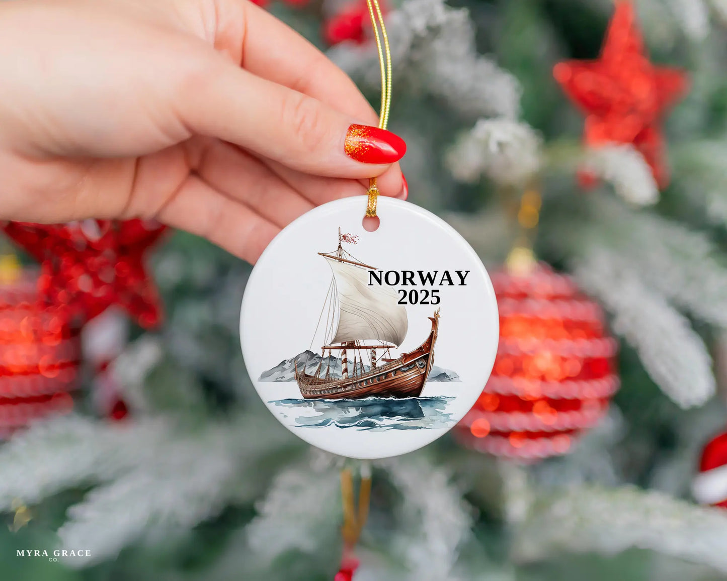 Custom Norway Vikings ceramic photo ornament with personalized message – handmade Christmas bauble, gift souvenir, or vacation keepsake.