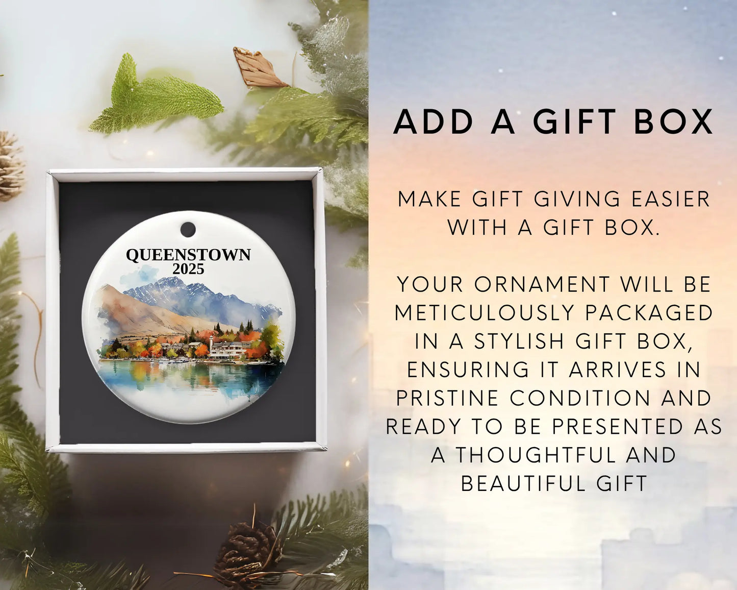 Custom Queenstown New Zealand ceramic photo ornament with personalized message – handmade Christmas bauble, gift souvenir, or vacation keepsake. Add gift box