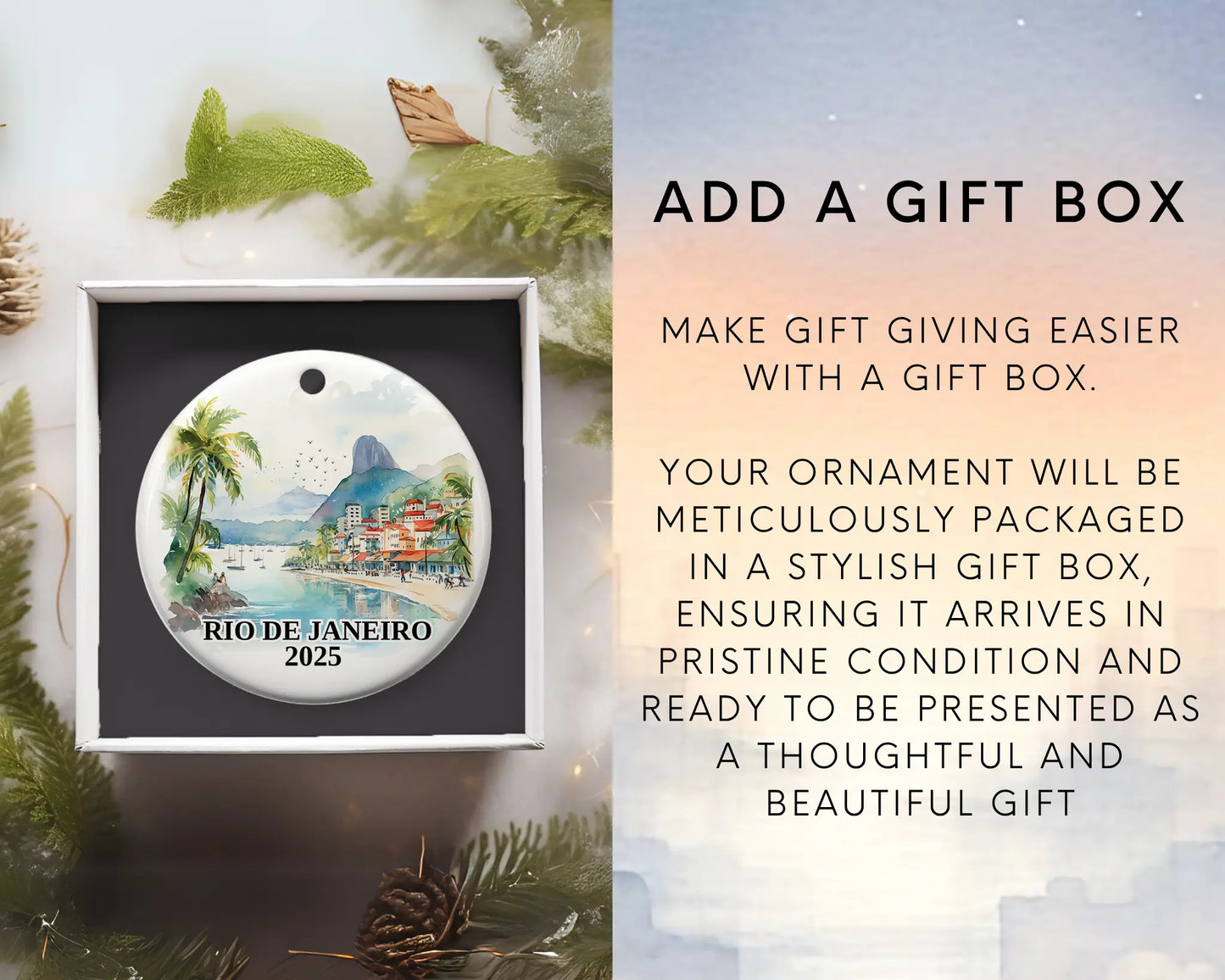 Custom Rio De Janeiro Brazil ceramic photo ornament with personalized message – handmade Christmas bauble, gift souvenir, or vacation keepsake. Add gift box