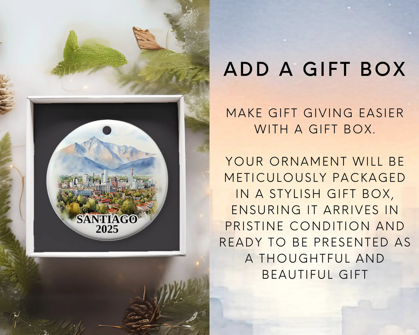 Custom Santiago Chile ceramic photo ornament with personalized message – handmade Christmas bauble, gift souvenir, or vacation keepsake. Add gift box