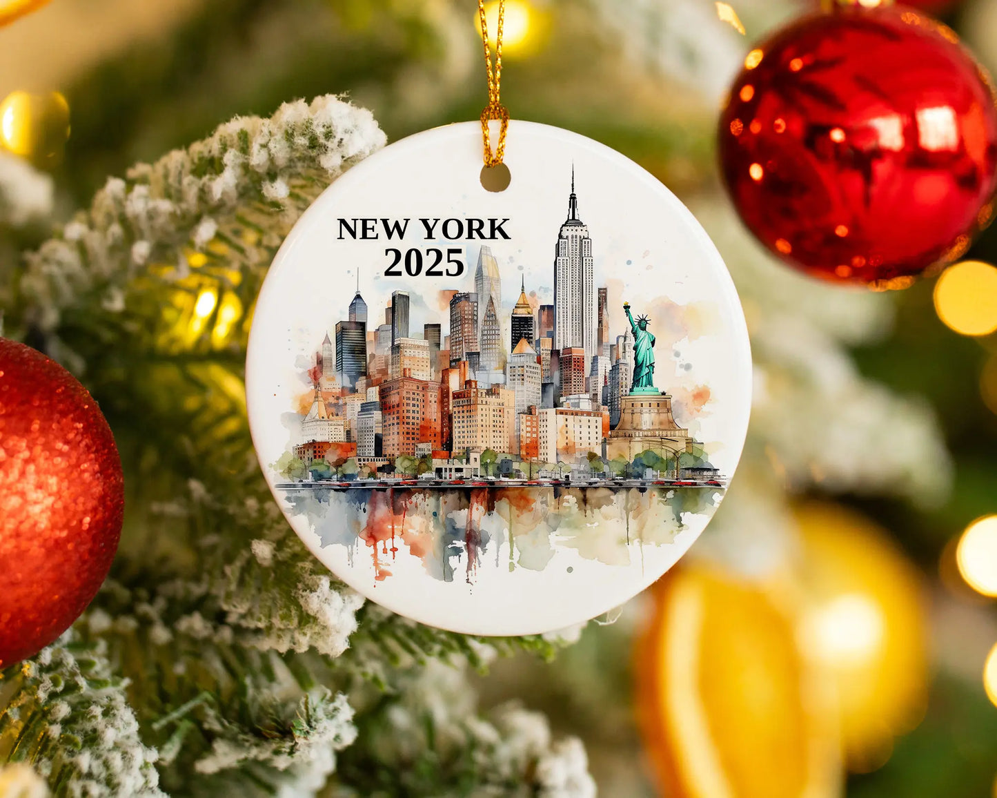 Custom New York NYC ceramic photo ornament with personalized message – handmade Christmas bauble, gift souvenir, or vacation keepsake.