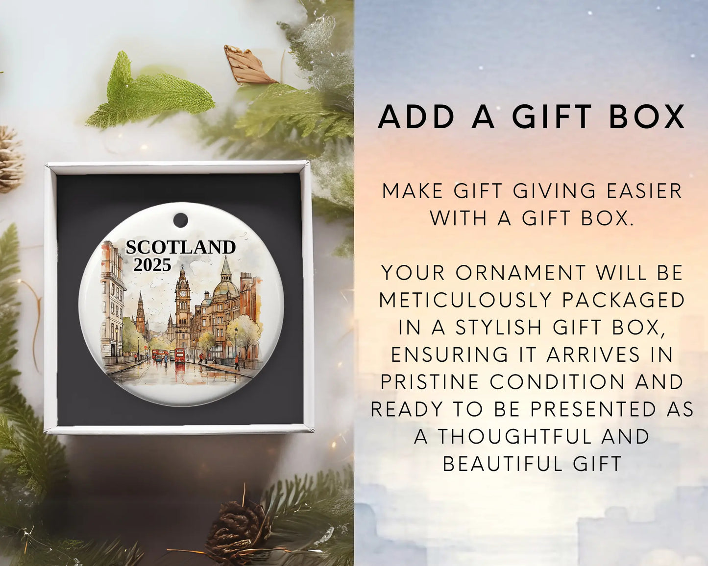 Custom Scotland ceramic photo ornament with personalized message – handmade Christmas bauble, gift souvenir, or vacation keepsake. Add gift box