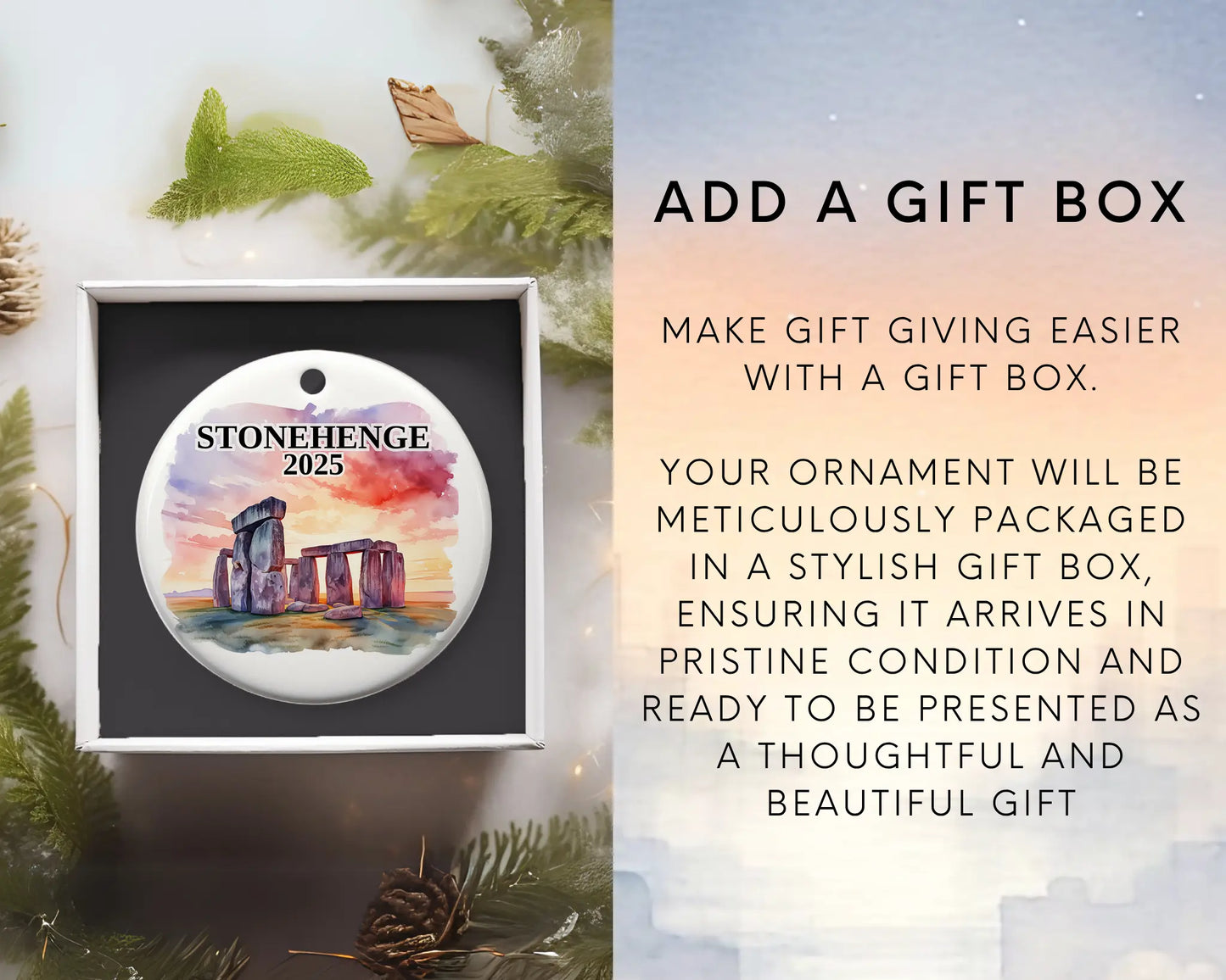 Custom Stonehenge ceramic photo ornament with personalized message – handmade Christmas bauble, gift souvenir, or vacation keepsake. Add gift box
