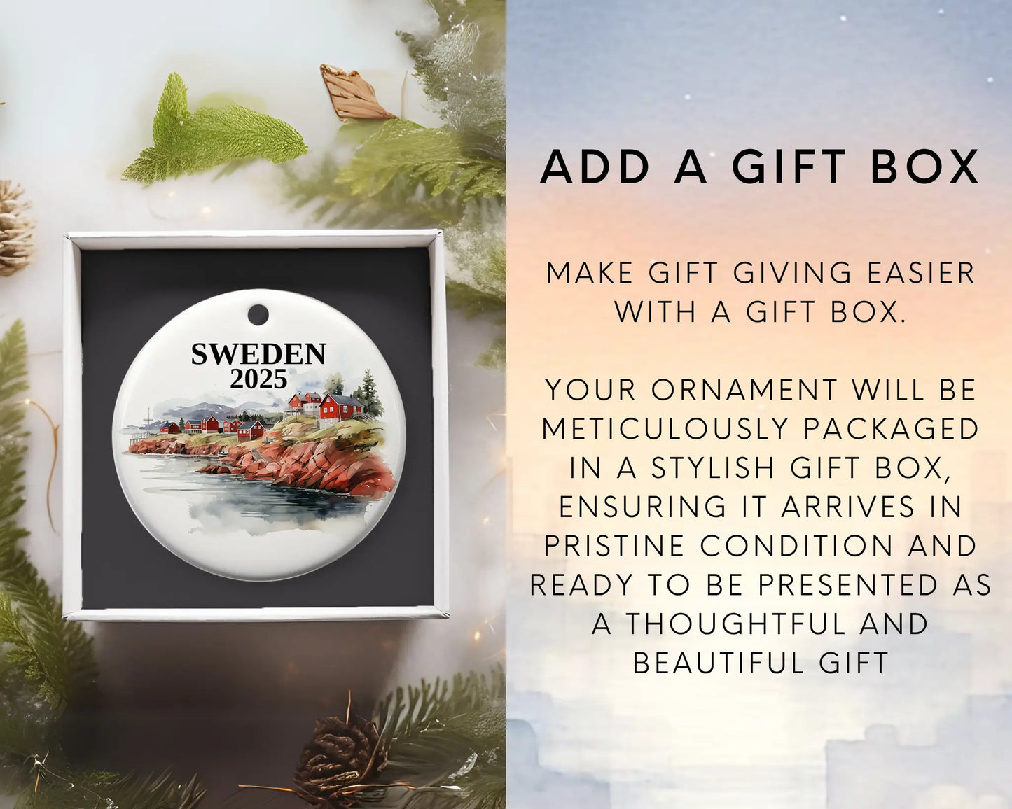 Custom Sweden ceramic photo ornament with personalized message – handmade Christmas bauble, gift souvenir, or vacation keepsake. Add gift box