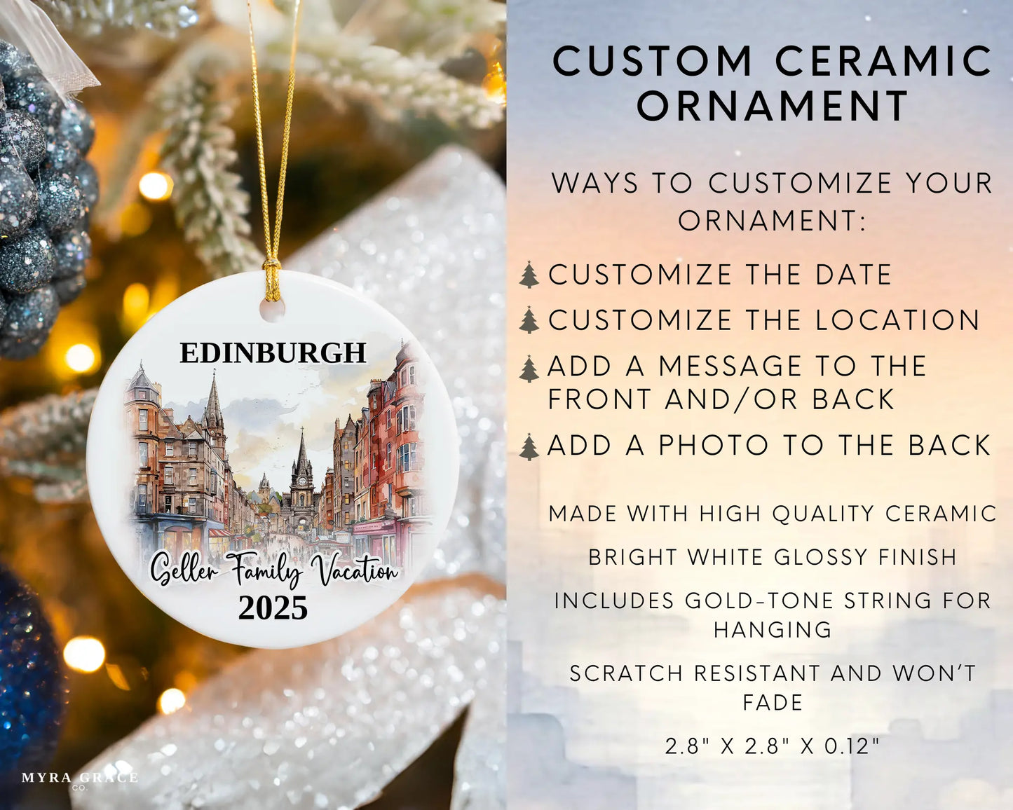Custom vacation Edinburgh Scotland ceramic photo ornament with personalized message – handmade Christmas bauble, gift souvenir, or vacation keepsake. Infographic