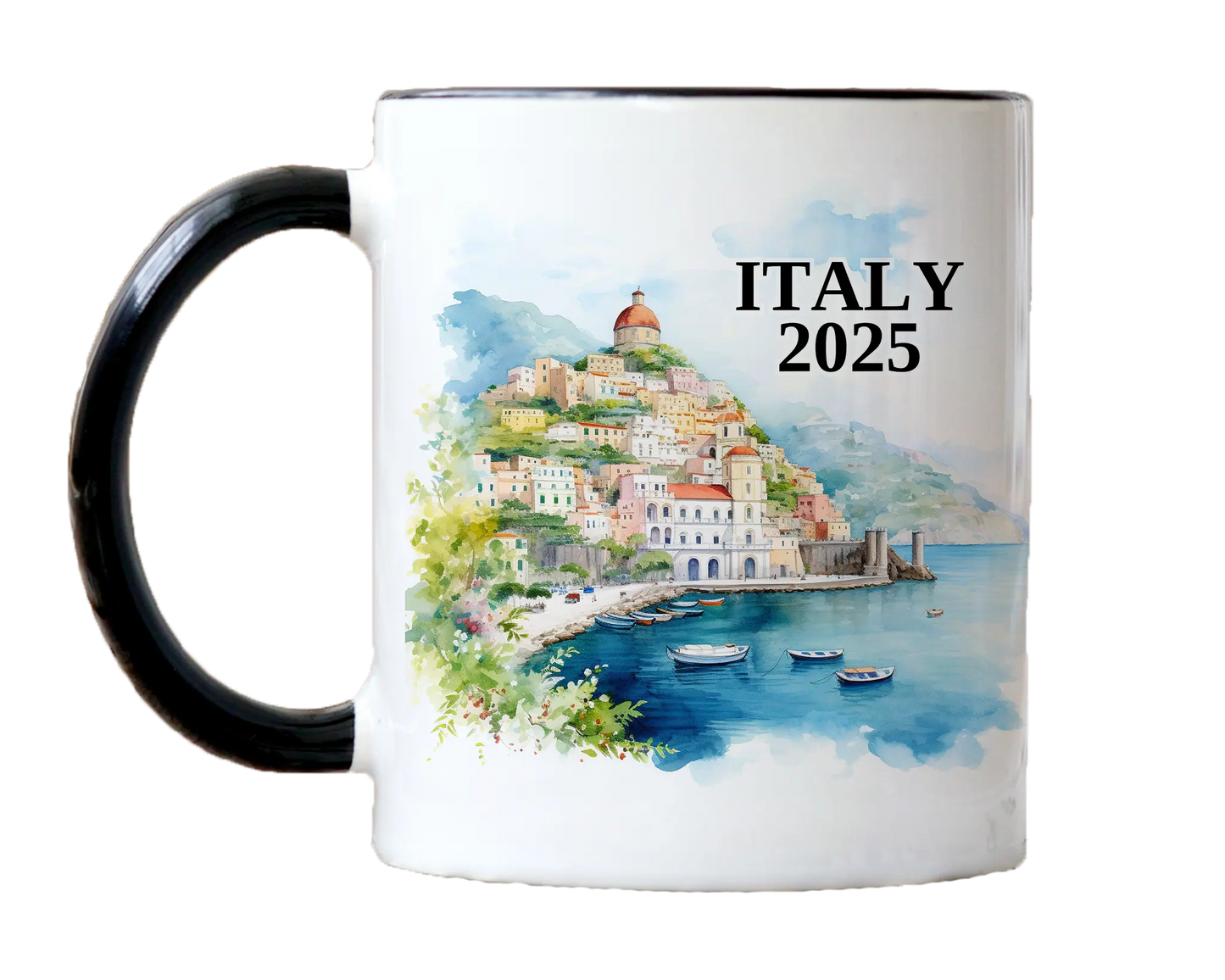 Custom ceramic Italy Amalfi Coast vacation mug with watercolor location design, date, and personal photo – personalized travel gift or photo mug.