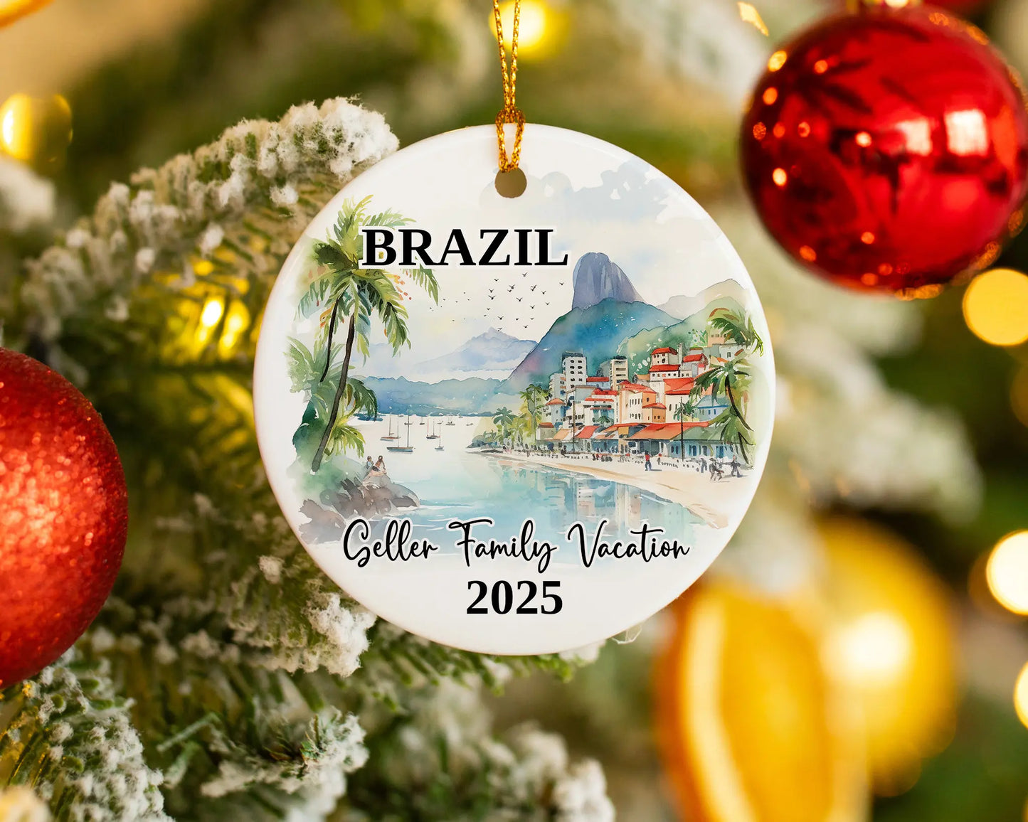 Custom vacation Brazil ceramic photo ornament with personalized message – handmade Christmas bauble, gift souvenir, or vacation keepsake.