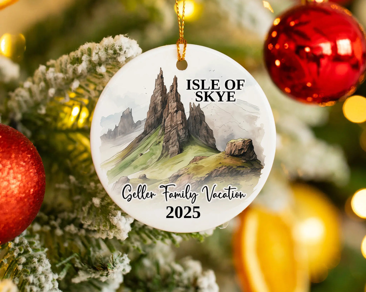 Custom vacation Isle of Skye Scotland ceramic photo ornament with personalized message – handmade Christmas bauble, gift souvenir, or vacation keepsake.