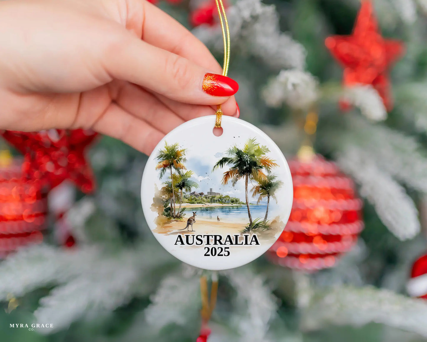Custom Australia ceramic photo ornament with personalized message – handmade Christmas bauble, gift souvenir, or vacation keepsake.
