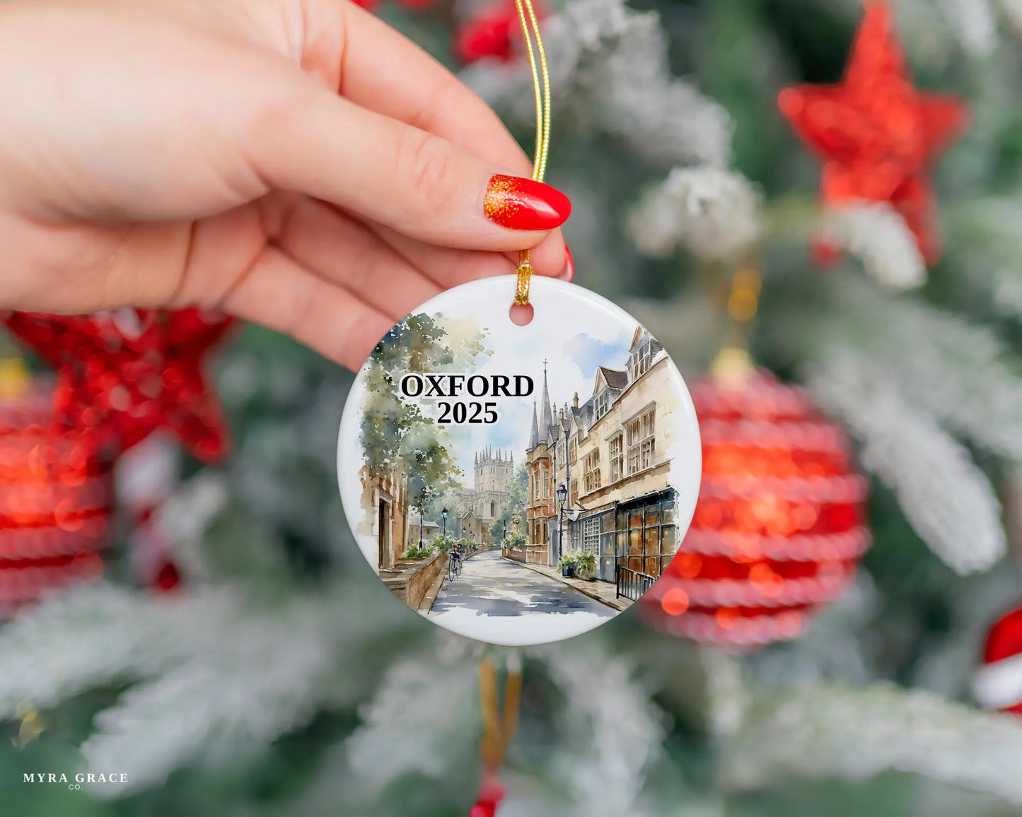 Custom Oxford England ceramic photo ornament with personalized message – handmade Christmas bauble, gift souvenir, or vacation keepsake.