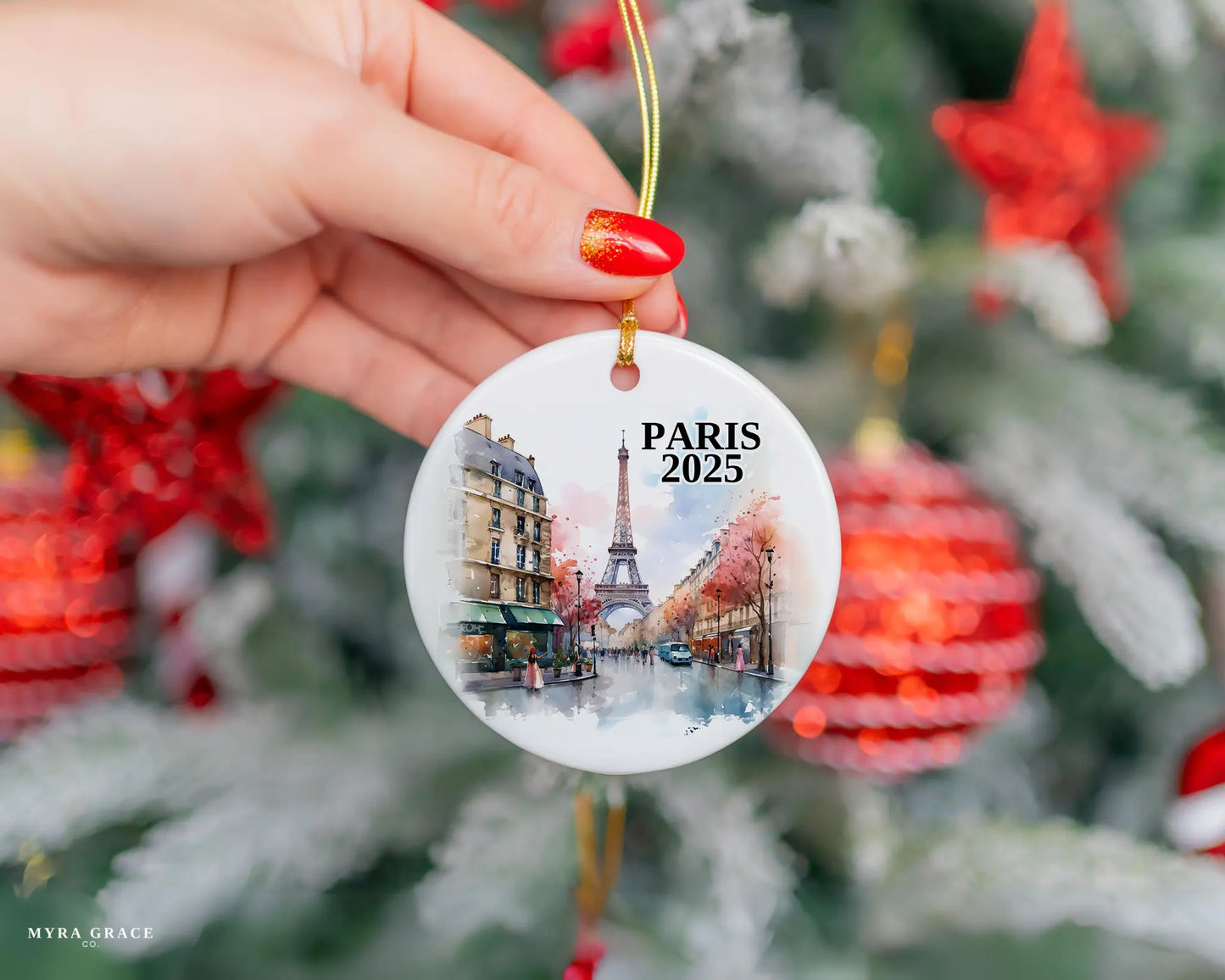 Custom Paris France ceramic photo ornament with personalized message – handmade Christmas bauble, gift souvenir, or vacation keepsake.