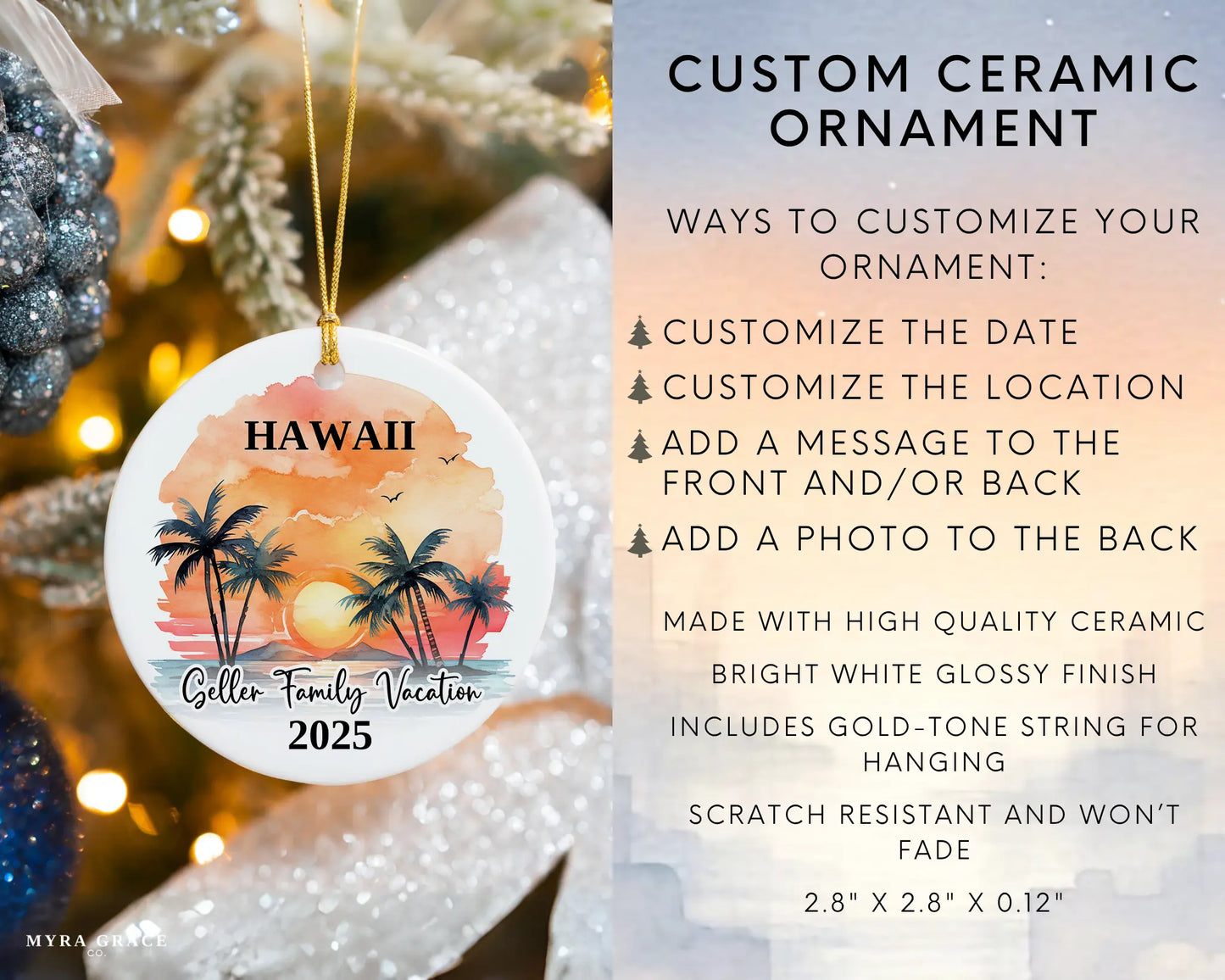 Custom vacation Hawaii ceramic photo ornament with personalized message – handmade Christmas bauble, gift souvenir, or vacation keepsake. Infographic
