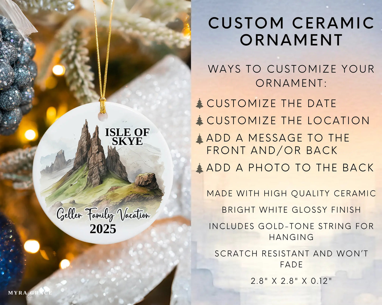 Custom vacation Isle of Skye Scotland ceramic photo ornament with personalized message – handmade Christmas bauble, gift souvenir, or vacation keepsake. Infographic