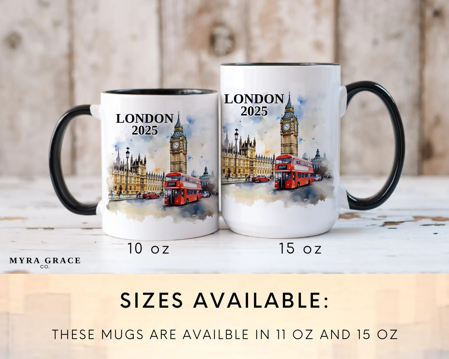 Custom ceramic London vacation mug with watercolor location design, date, and personal photo – personalized travel gift or photo mug. Sizes available