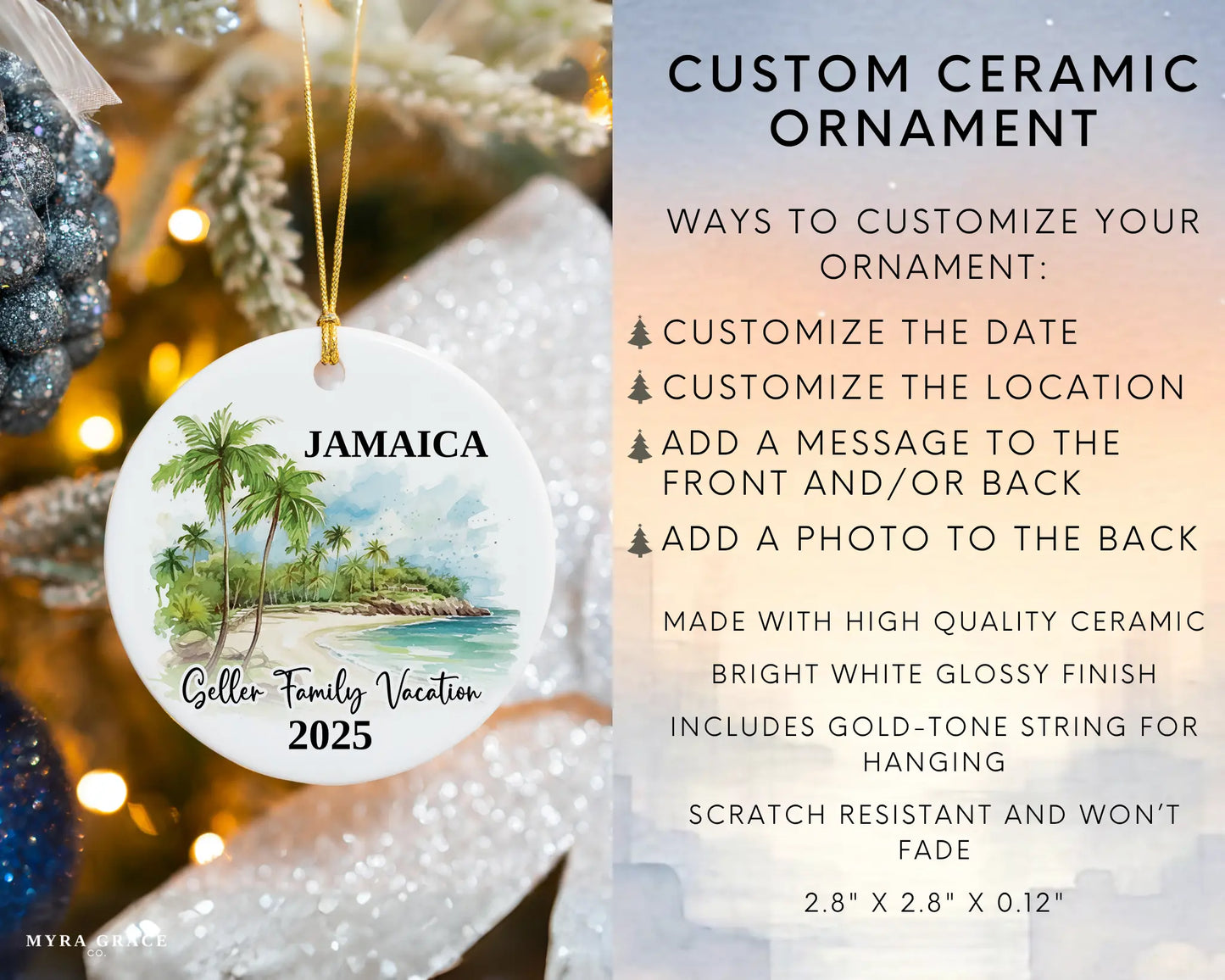 Custom vacation Jamaica ceramic photo ornament with personalized message – handmade Christmas bauble, gift souvenir, or vacation keepsake. Infographic