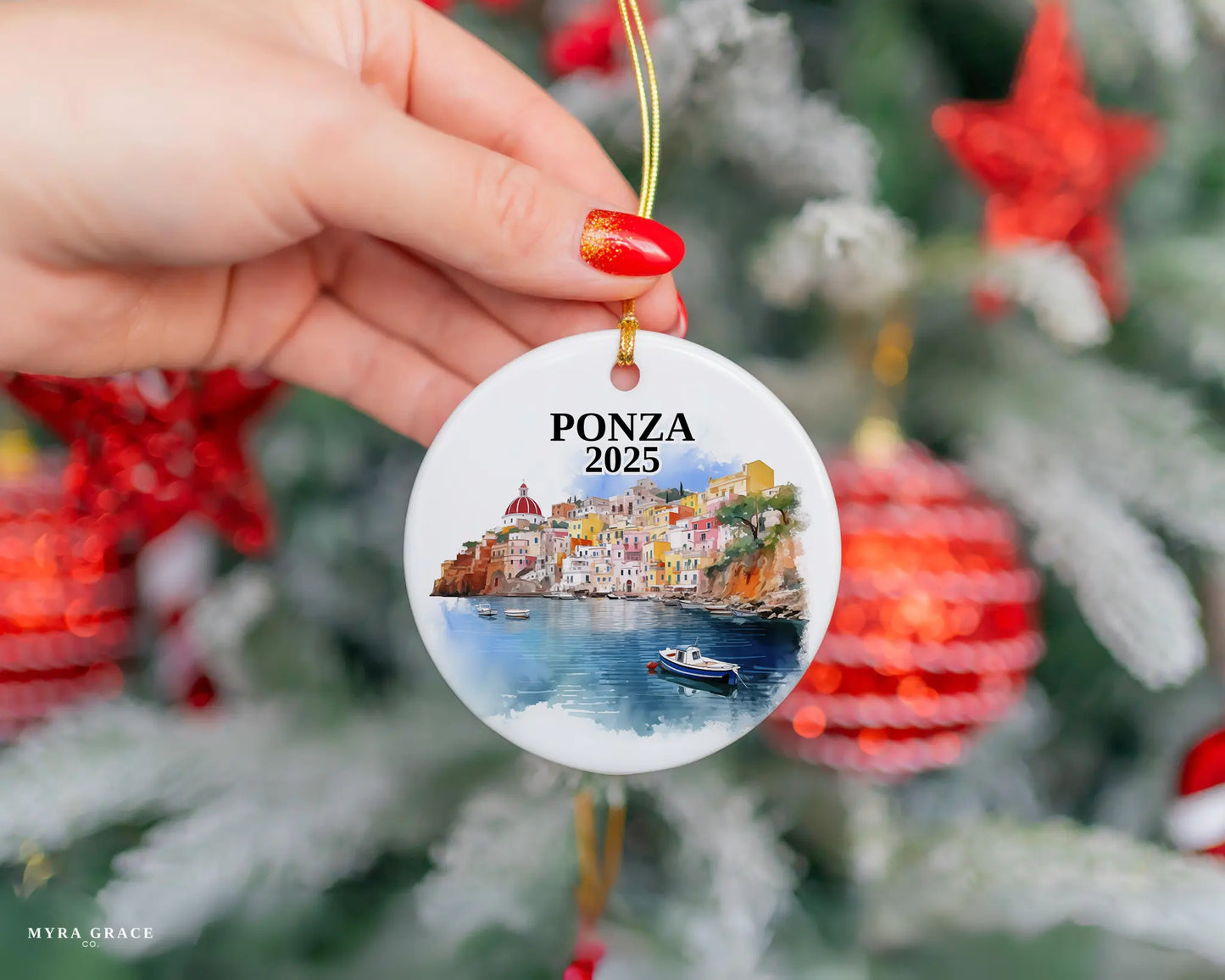 Custom Ponza Italy ceramic photo ornament with personalized message – handmade Christmas bauble, gift souvenir, or vacation keepsake.
